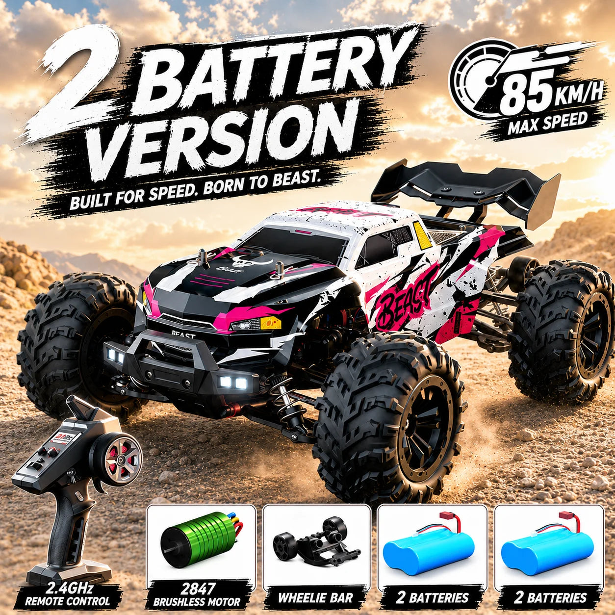 ZNLYRION RC Car Off-Road Monster 4WD Truck 2.4GHz 3-Speed Adjustable Remote Control Car with LED Headlights, All Terrain Big Tire Hobby RC Vehicle 2 Rechargeable Batteries RTR Toy for Adults Teens