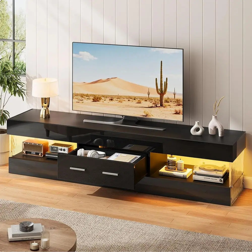67" ern TV Stand or 75 Inch TV, LED Entertainment Center, Black | its up to 75 in TV, High Gloss with Stone Do, Storage Der & Sh