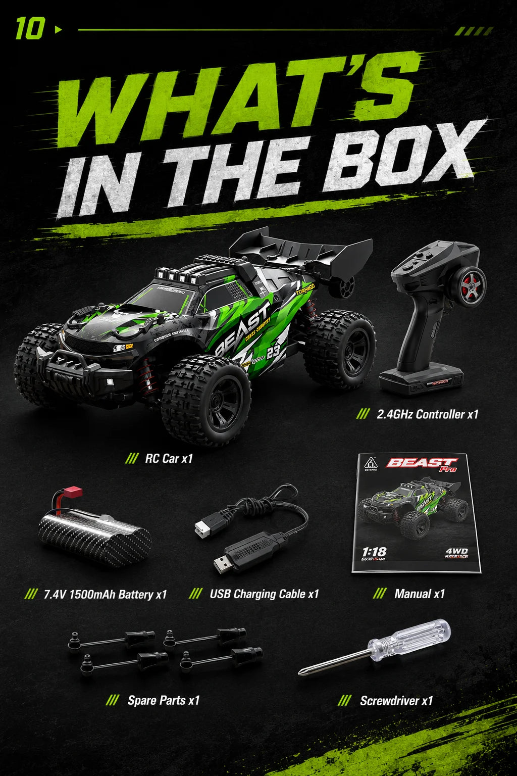 4WD Carbon Brush RC Off Road Car 35KM/H 2.4G Proportional Remote 80M Range Metal Differential Aluminum Alloy Chassis LED Headlight