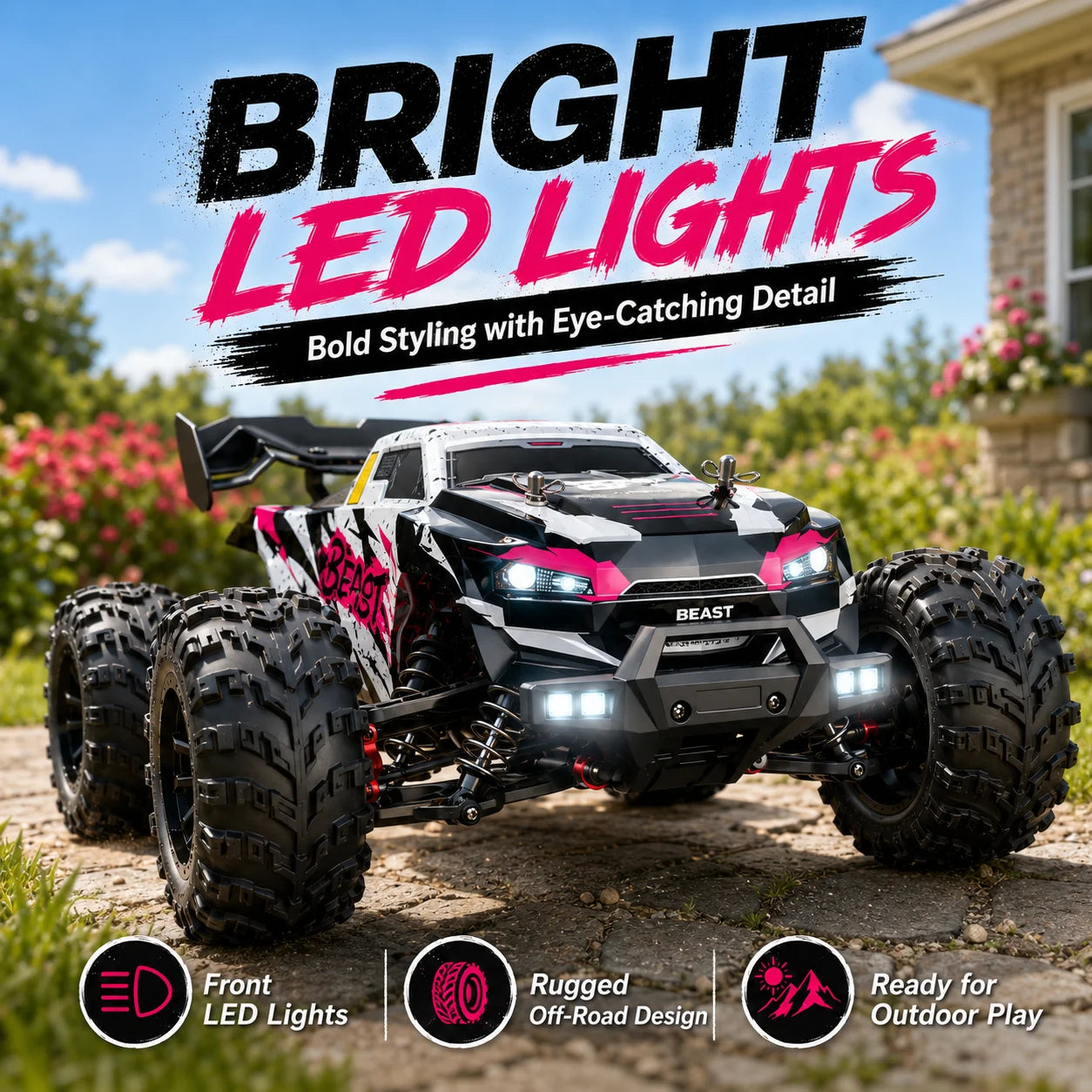 ZNLYRION RC Car Off-Road Monster 4WD Truck 2.4GHz 3-Speed Adjustable Remote Control Car with LED Headlights, All Terrain Big Tire Hobby RC Vehicle 2 Rechargeable Batteries RTR Toy for Adults Teens