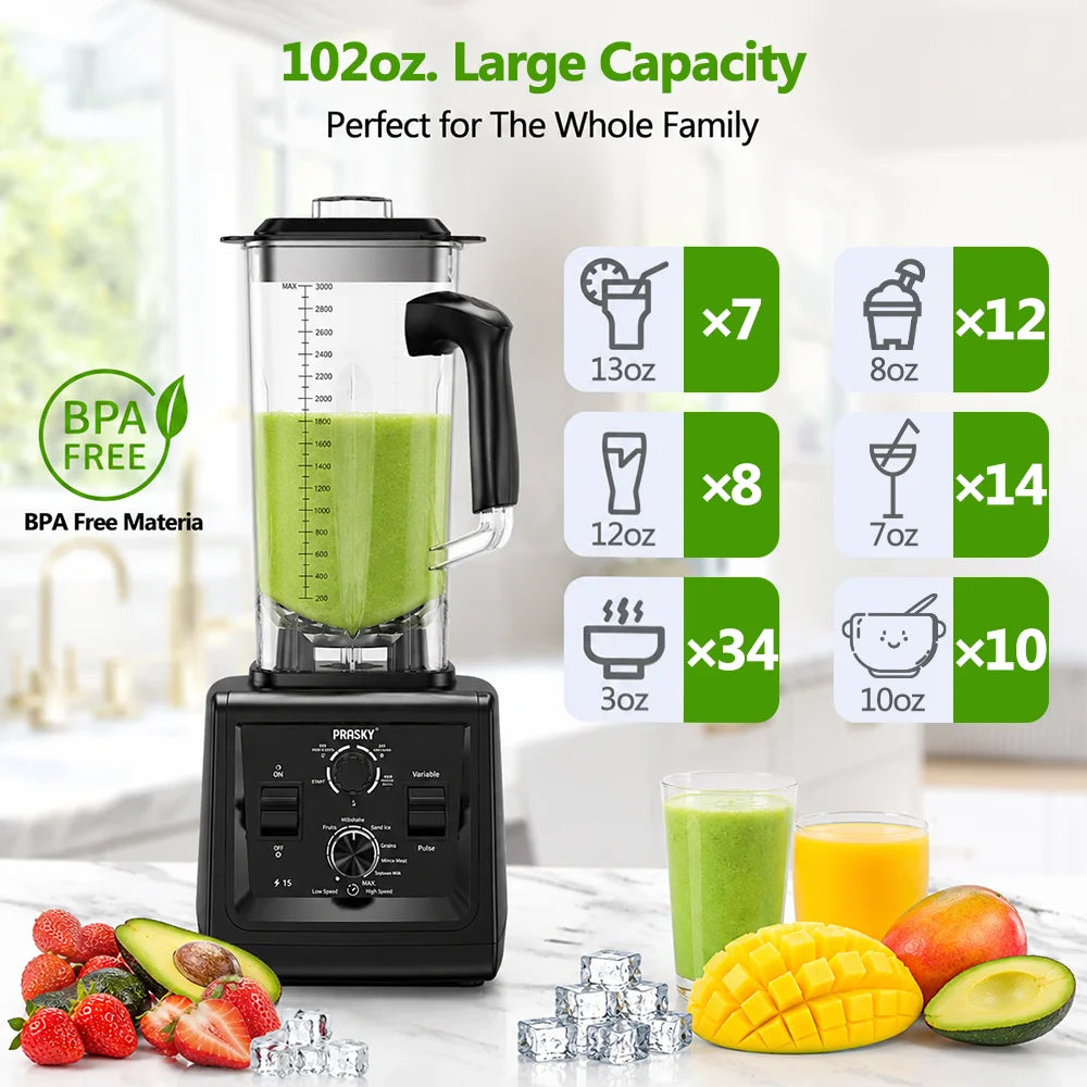 Prasky Professional Blender And Grinder with  Smart Timer And Pre-programed Peak 2400W Food Processor BPA Free 3L Jar