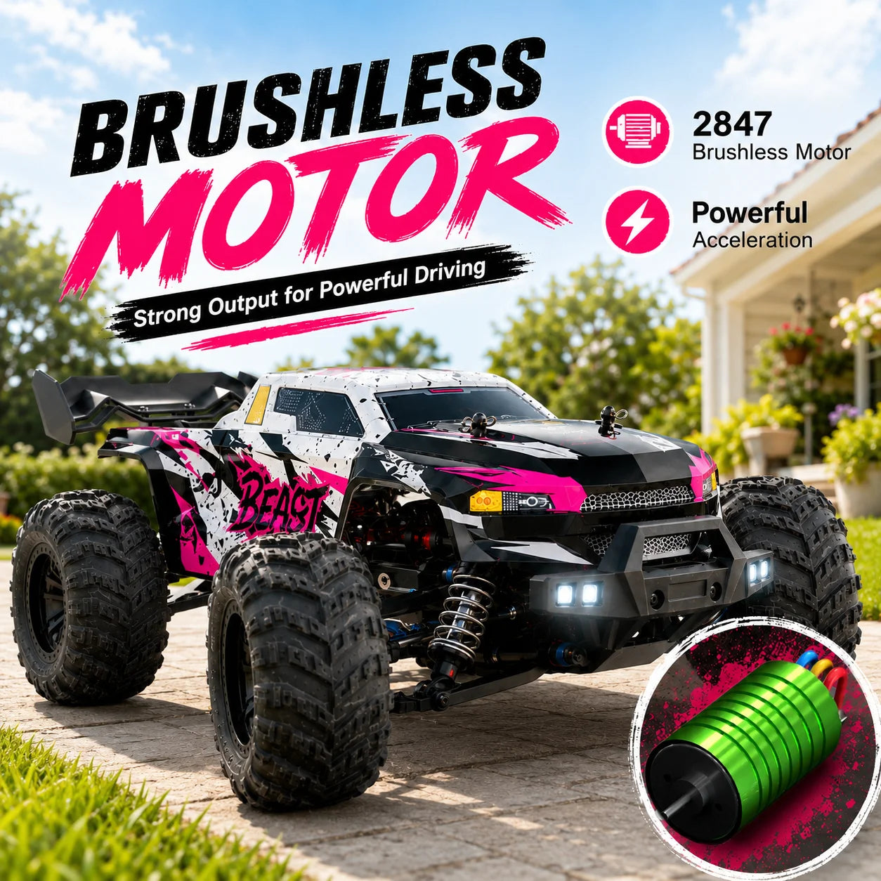 ZNLYRION RC Car Off-Road Monster 4WD Truck 2.4GHz 3-Speed Adjustable Remote Control Car with LED Headlights, All Terrain Big Tire Hobby RC Vehicle 2 Rechargeable Batteries RTR Toy for Adults Teens