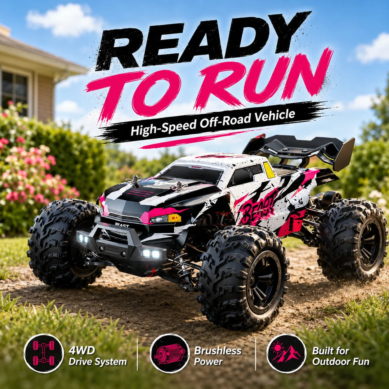 ZNLYRION RC Car Off-Road Monster 4WD Truck 2.4GHz 3-Speed Adjustable Remote Control Car with LED Headlights, All Terrain Big Tire Hobby RC Vehicle 2 Rechargeable Batteries RTR Toy for Adults Teens