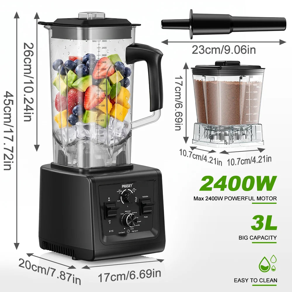 Prasky Professional Blender And Grinder with  Smart Timer And Pre-programed Peak 2400W Food Processor BPA Free 3L Jar