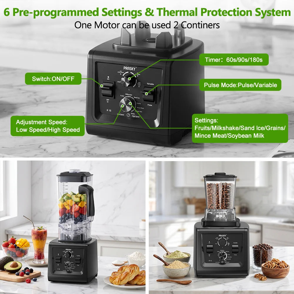 Prasky Professional Blender And Grinder with  Smart Timer And Pre-programed Peak 2400W Food Processor BPA Free 3L Jar