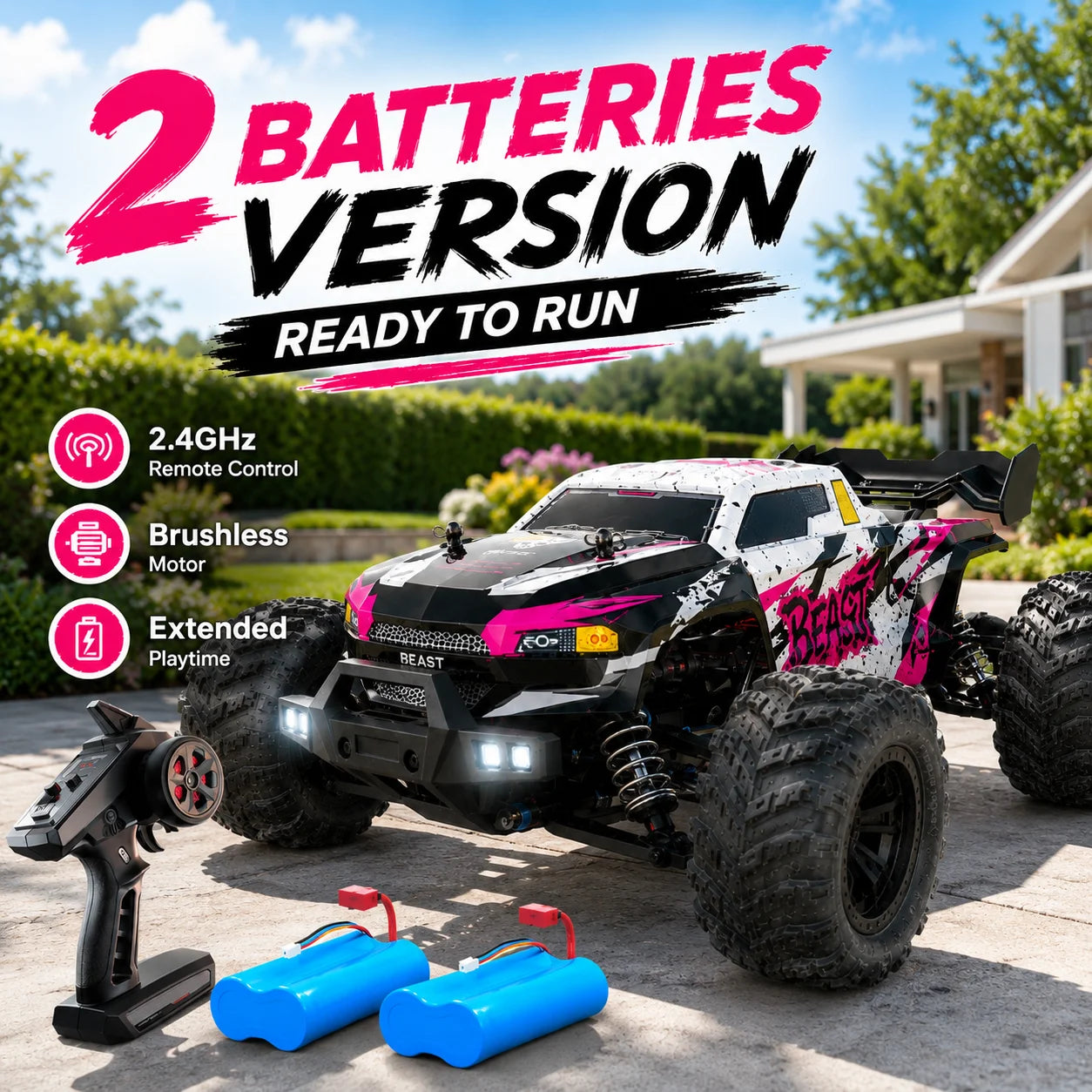 ZNLYRION RC Car Off-Road Monster 4WD Truck 2.4GHz 3-Speed Adjustable Remote Control Car with LED Headlights, All Terrain Big Tire Hobby RC Vehicle 2 Rechargeable Batteries RTR Toy for Adults Teens