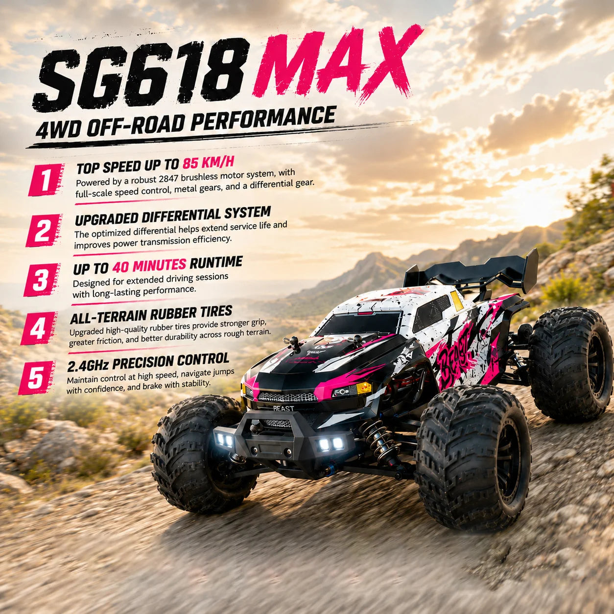 ZNLYRION RC Car Off-Road Monster 4WD Truck 2.4GHz 3-Speed Adjustable Remote Control Car with LED Headlights, All Terrain Big Tire Hobby RC Vehicle 2 Rechargeable Batteries RTR Toy for Adults Teens