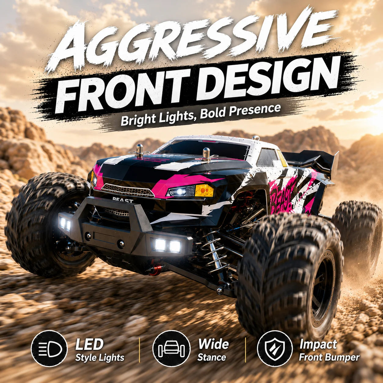 ZNLYRION RC Car Off-Road Monster 4WD Truck 2.4GHz 3-Speed Adjustable Remote Control Car with LED Headlights, All Terrain Big Tire Hobby RC Vehicle 2 Rechargeable Batteries RTR Toy for Adults Teens