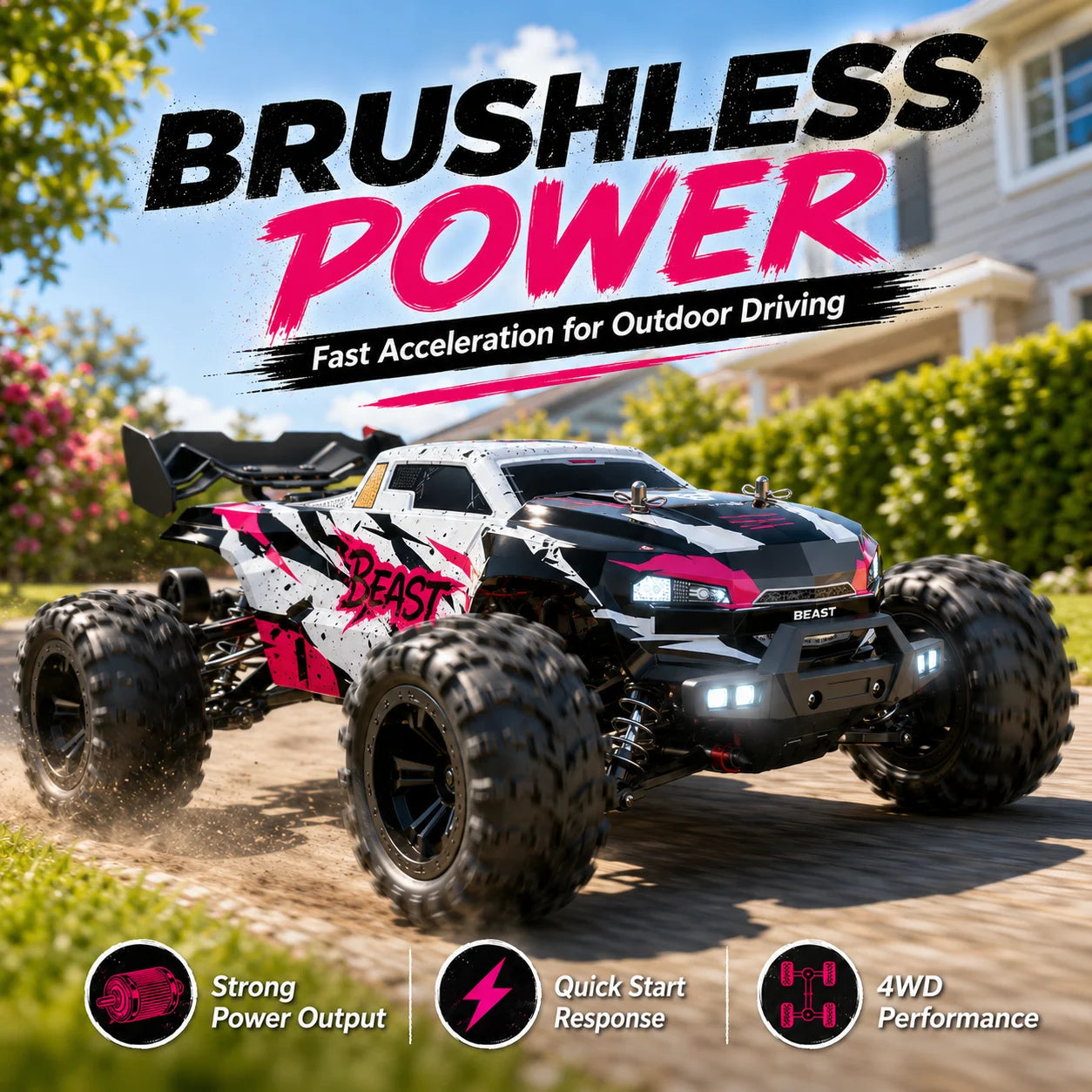 ZNLYRION RC Car Off-Road Monster 4WD Truck 2.4GHz 3-Speed Adjustable Remote Control Car with LED Headlights, All Terrain Big Tire Hobby RC Vehicle 2 Rechargeable Batteries RTR Toy for Adults Teens