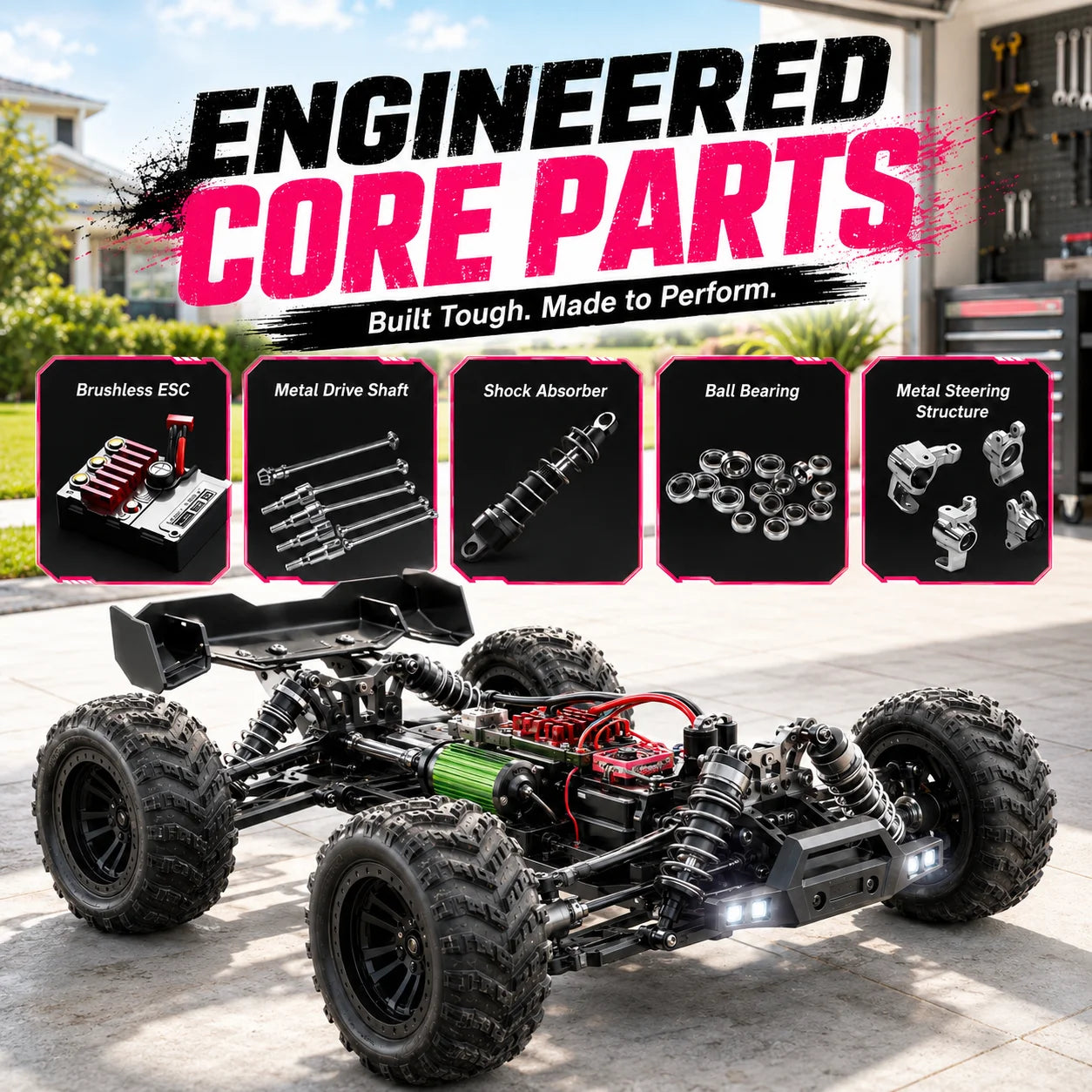 ZNLYRION RC Car Off-Road Monster 4WD Truck 2.4GHz 3-Speed Adjustable Remote Control Car with LED Headlights, All Terrain Big Tire Hobby RC Vehicle 2 Rechargeable Batteries RTR Toy for Adults Teens