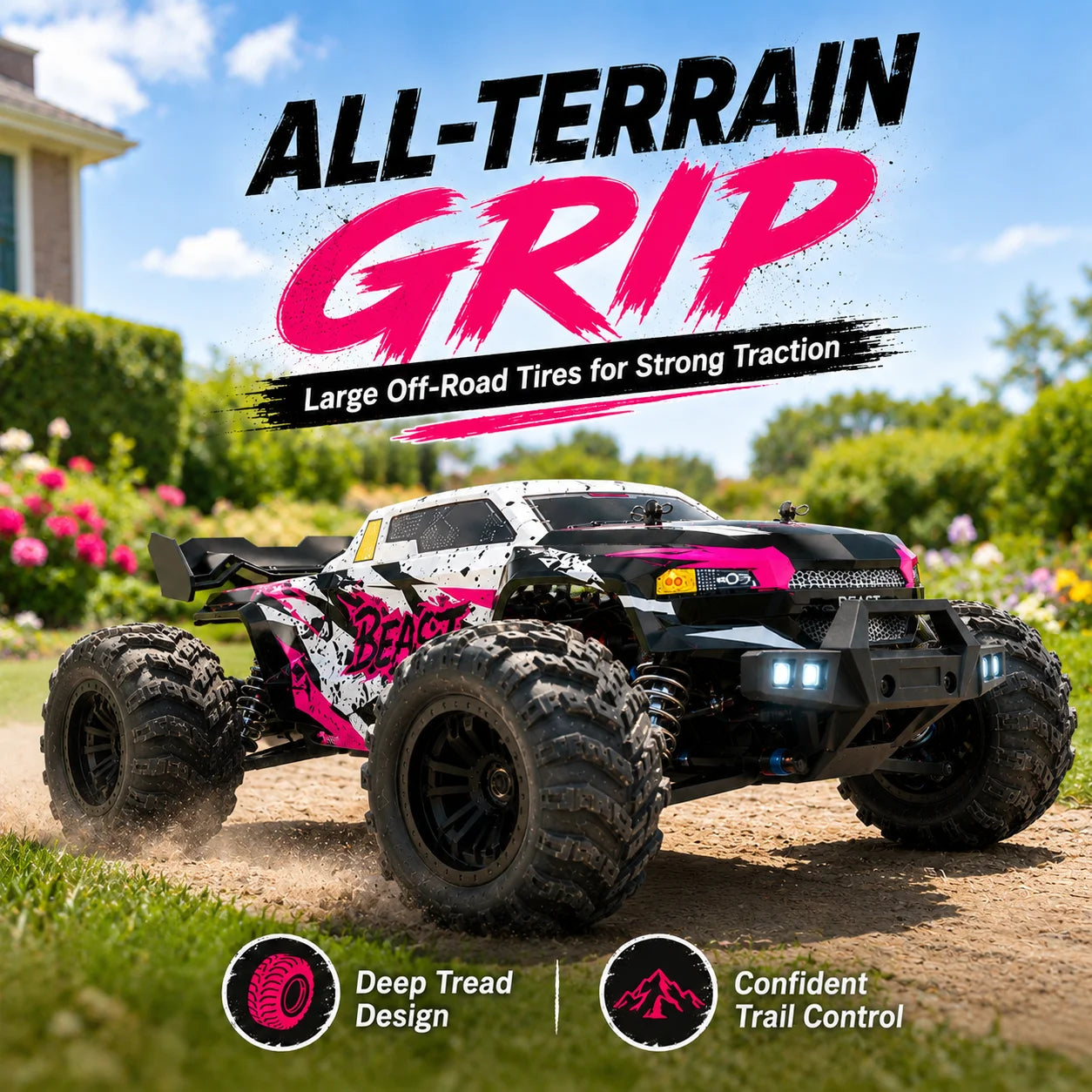 ZNLYRION RC Car Off-Road Monster 4WD Truck 2.4GHz 3-Speed Adjustable Remote Control Car with LED Headlights, All Terrain Big Tire Hobby RC Vehicle 2 Rechargeable Batteries RTR Toy for Adults Teens