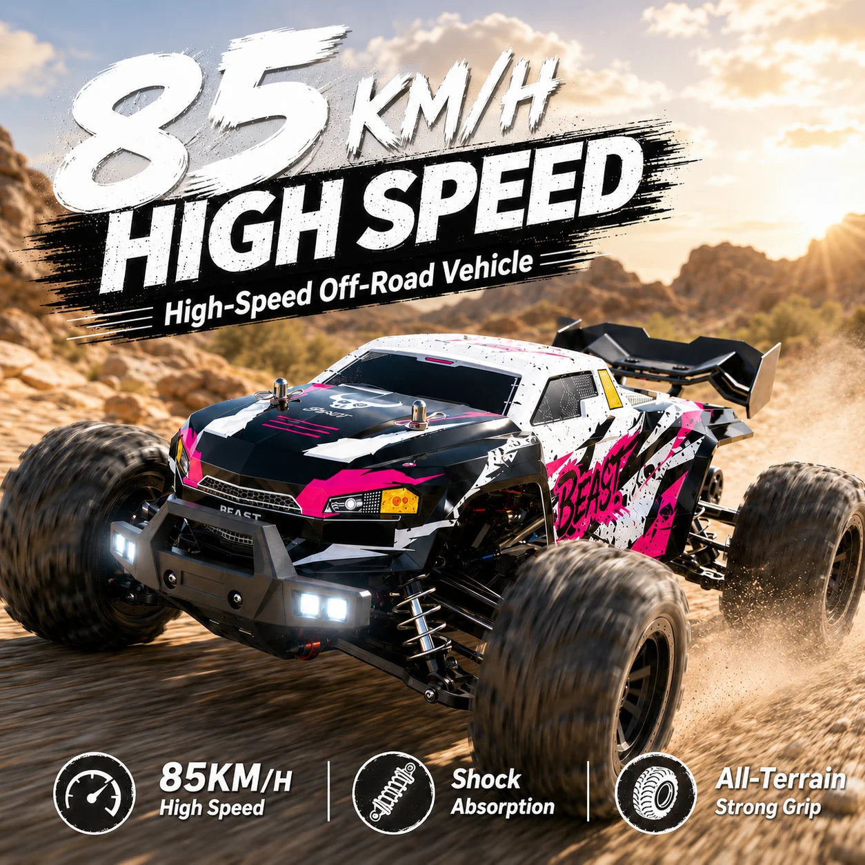 ZNLYRION RC Car Off-Road Monster 4WD Truck 2.4GHz 3-Speed Adjustable Remote Control Car with LED Headlights, All Terrain Big Tire Hobby RC Vehicle 2 Rechargeable Batteries RTR Toy for Adults Teens