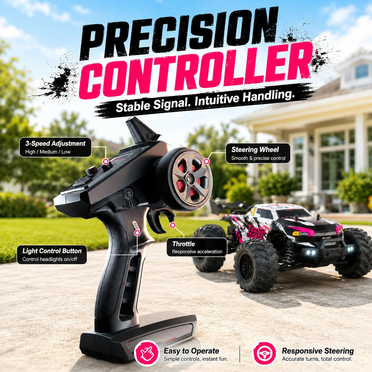 ZNLYRION RC Car Off-Road Monster 4WD Truck 2.4GHz 3-Speed Adjustable Remote Control Car with LED Headlights, All Terrain Big Tire Hobby RC Vehicle 2 Rechargeable Batteries RTR Toy for Adults Teens