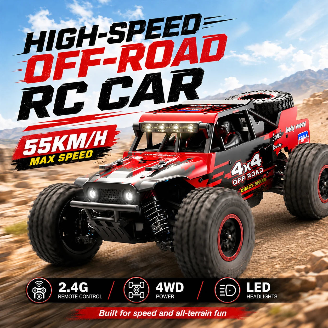 ZNLYRION RC Car Monster SG202MAX Scale1:16 Truck 4WD Brushless 55KM/H 2.4G Remote Control Off-Road Car with LED Lights for Boys Adults