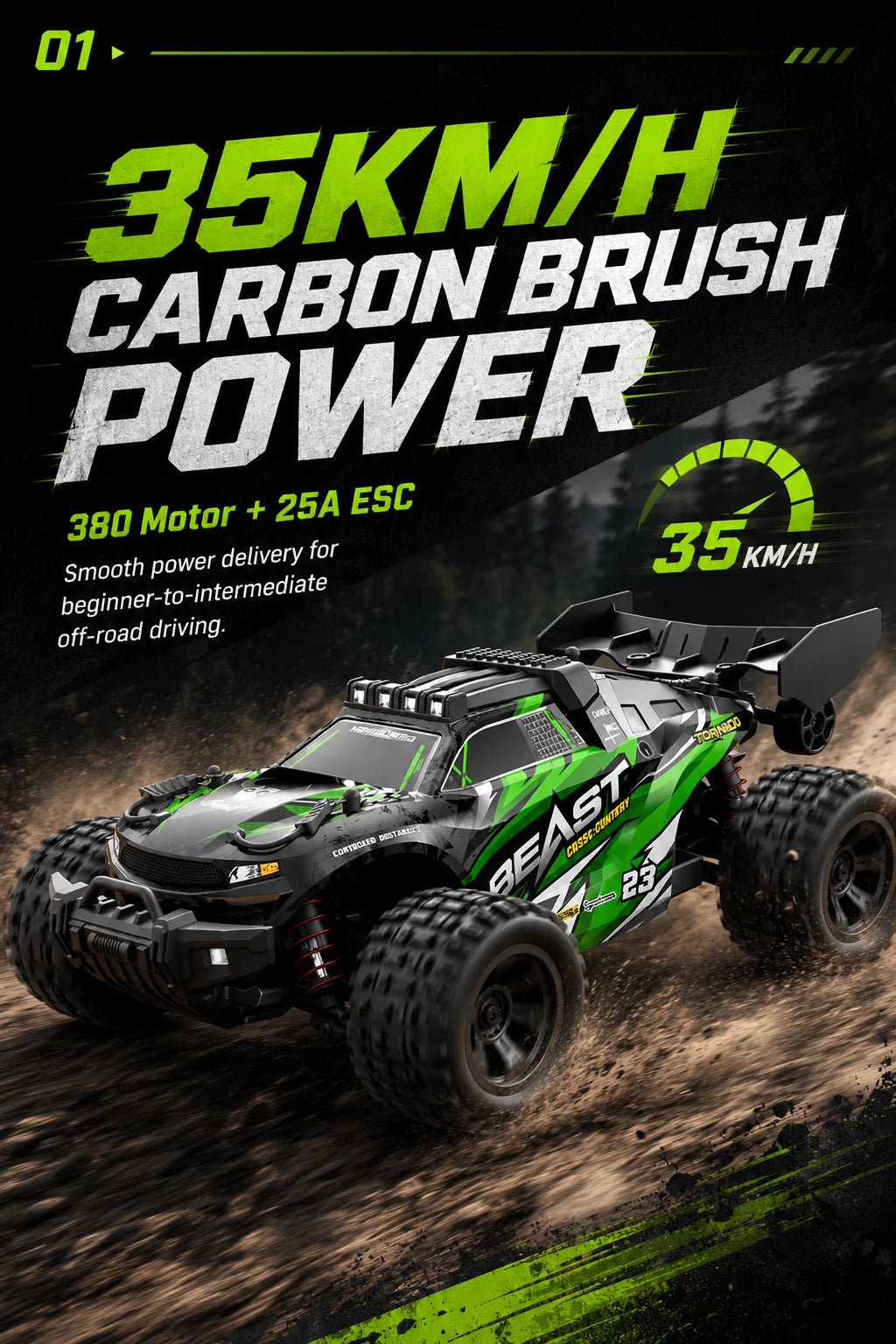 4WD Carbon Brush RC Off Road Car 35KM/H 2.4G Proportional Remote 80M Range Metal Differential Aluminum Alloy Chassis LED Headlight