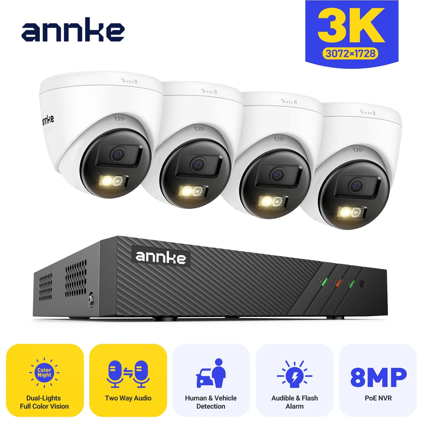 ANNKE 8Channel PoE Network Wired Surveillance System Kit with 3K 5MP Dual‑Light IP Cameras Smart Human/Vehicle Detection Two‑Way Audio Intercom H.265+ White Light & Audio Alarms, IP67 Weatherproof – Plug‑and‑Play fo