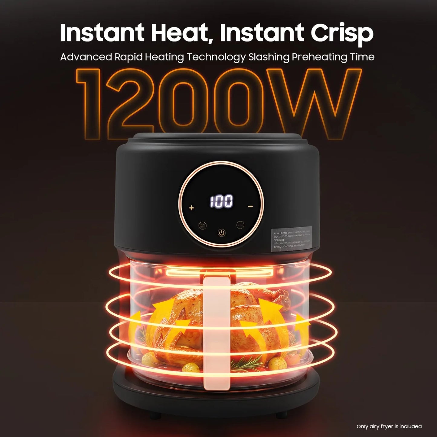 NEWEST 3.81Qt Airy Fryer 1200W Glass Air Fryer 360° Viewable Digital Airfryer Dehydrator Adjustable Temp 176℉ - 392℉ Nonstick 8 Presets Fast & Crispy Cooking Dishwasher Safe (Black)