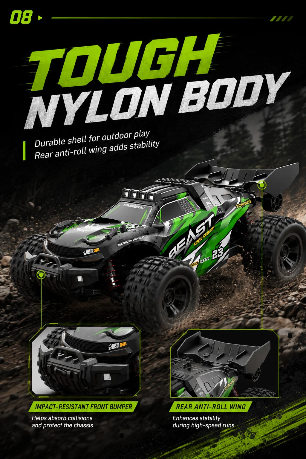 4WD Carbon Brush RC Off Road Car 35KM/H 2.4G Proportional Remote 80M Range Metal Differential Aluminum Alloy Chassis LED Headlight