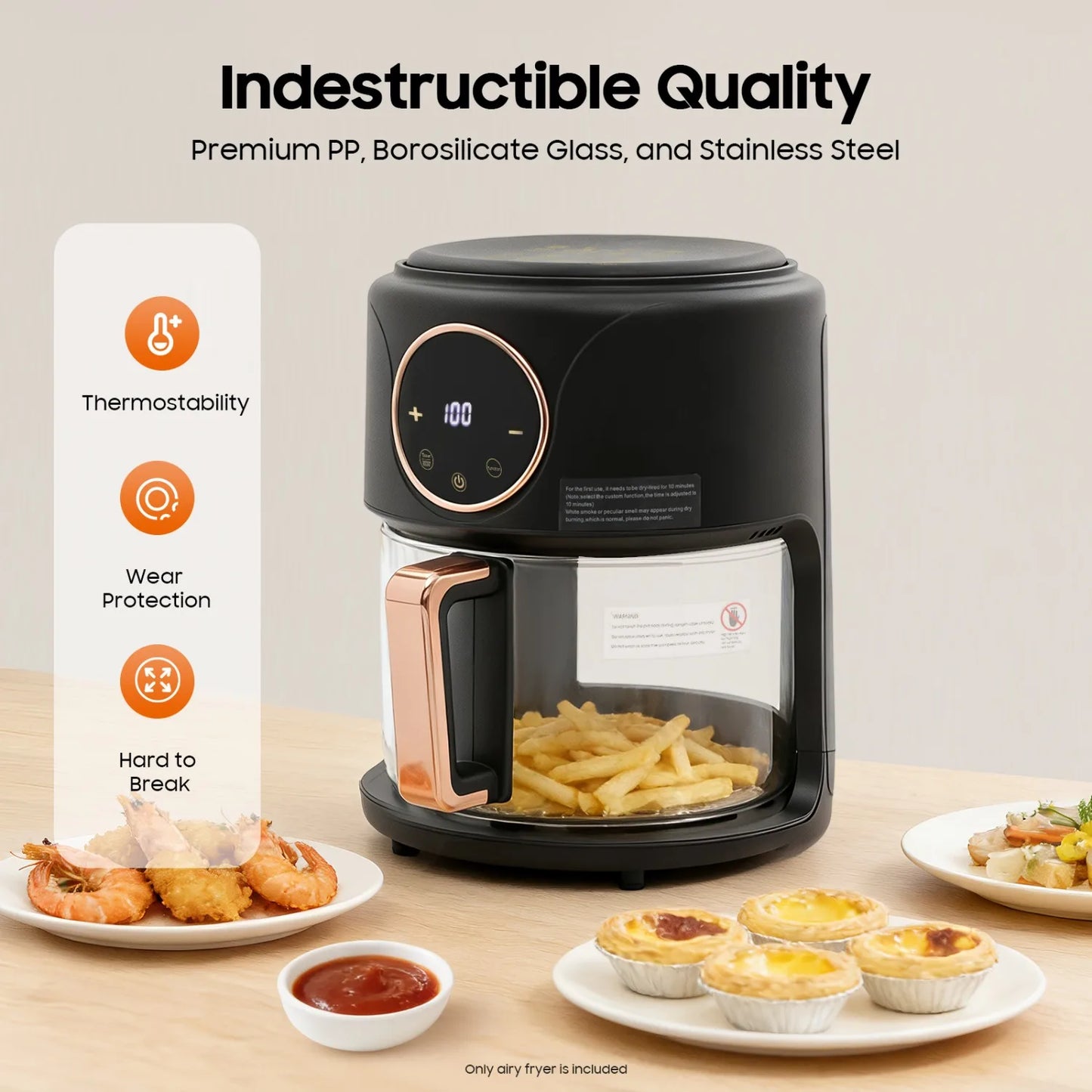 NEWEST 3.81Qt Airy Fryer 1200W Glass Air Fryer 360° Viewable Digital Airfryer Dehydrator Adjustable Temp 176℉ - 392℉ Nonstick 8 Presets Fast & Crispy Cooking Dishwasher Safe (Black)