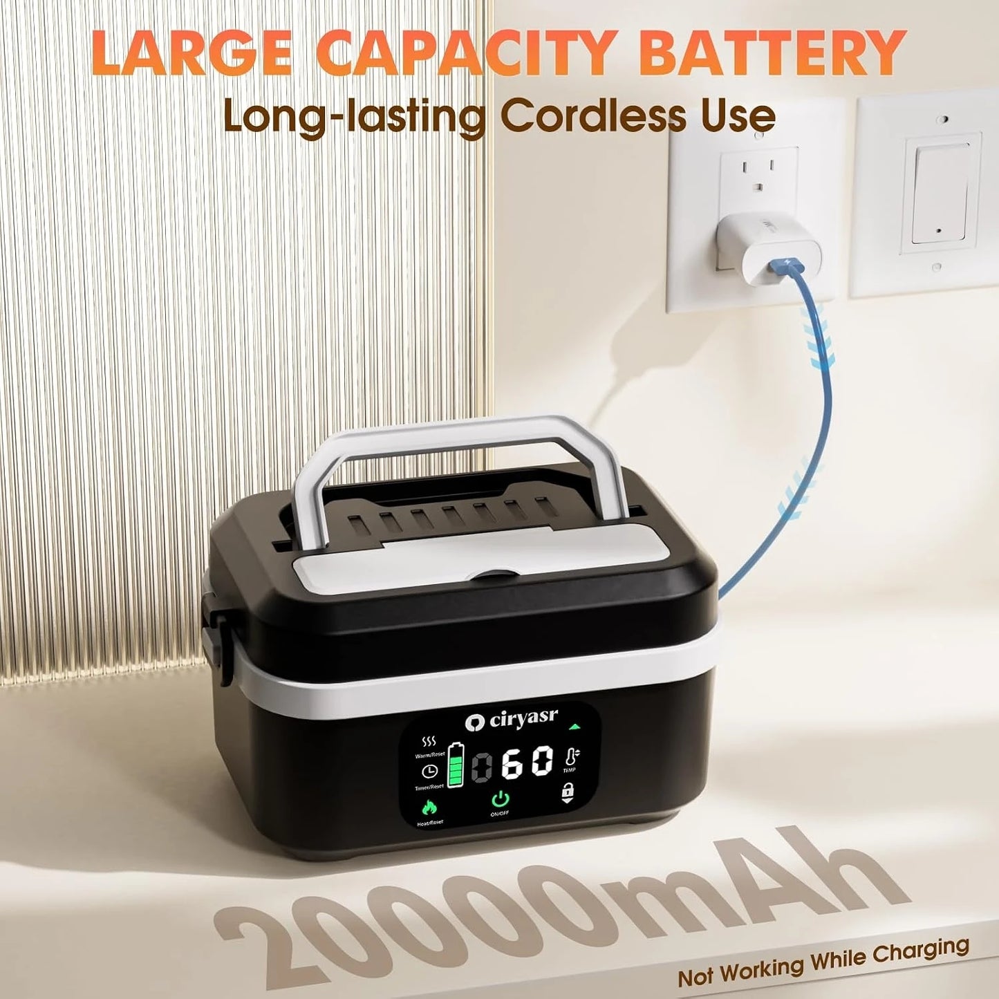 Powerful Electric Lunch Box, 1.35L 20000mAh Battery Powered Heated Lunch Box, Fast Heating&Long Lasting, Food Warmer with Stainless Steel Tableware and Insulated Bag for Car Office Camping Picnic