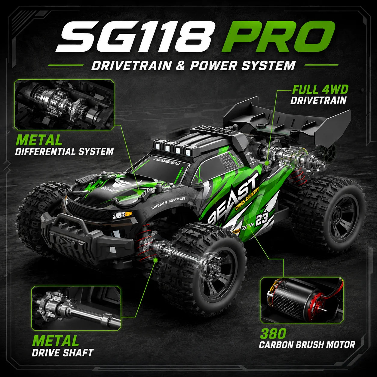 4WD Carbon Brush RC Off Road Car 35KM/H 2.4G Proportional Remote 80M Range Metal Differential Aluminum Alloy Chassis LED Headlight