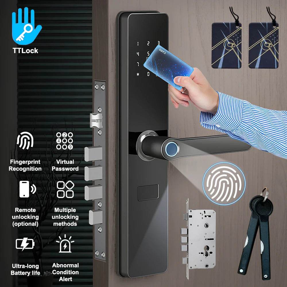 Smart Fingerprint Door Handle Lock TTLock App Bluetooth Keyless Lock Anti-peep Virtual Password IC Card Key Access Smart Lock for Apartment Front Door