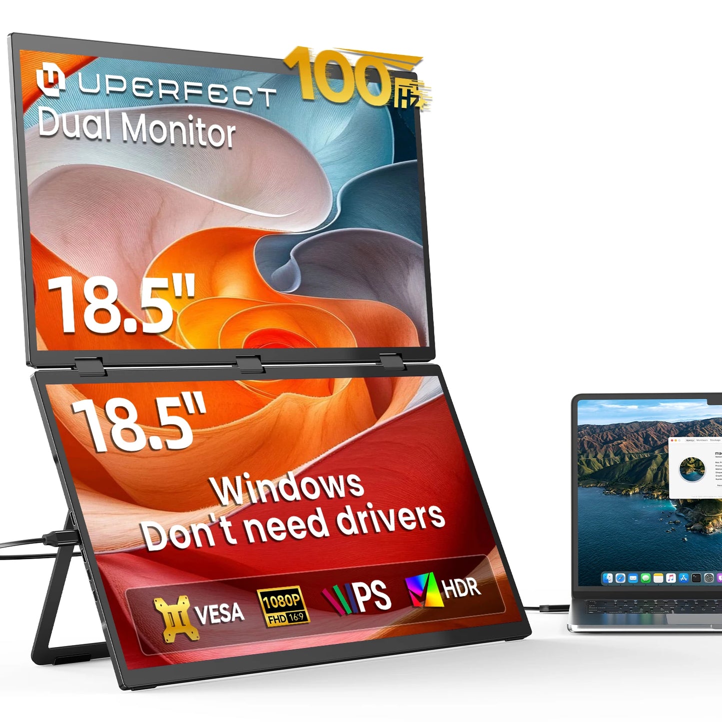 UPERFECT Delta 100HZ Dual Portable Monitor 18.5' 1080P FHD IPS Folding Stacked Triple Laptop Screen Extender USB-C Plug & Play Travel Extended Computer Display For Laptop PC Windows Mac W/Stand & VESA Mountable