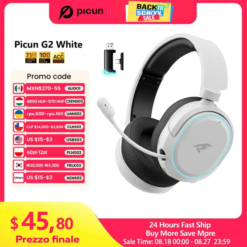 Picun G2 Wireless Gaming Headset Bluetooth 2.4G Headphones 7.1 Surround 5ms Low Latency ENC Mic for PC PS4 PS5 Phone Switch