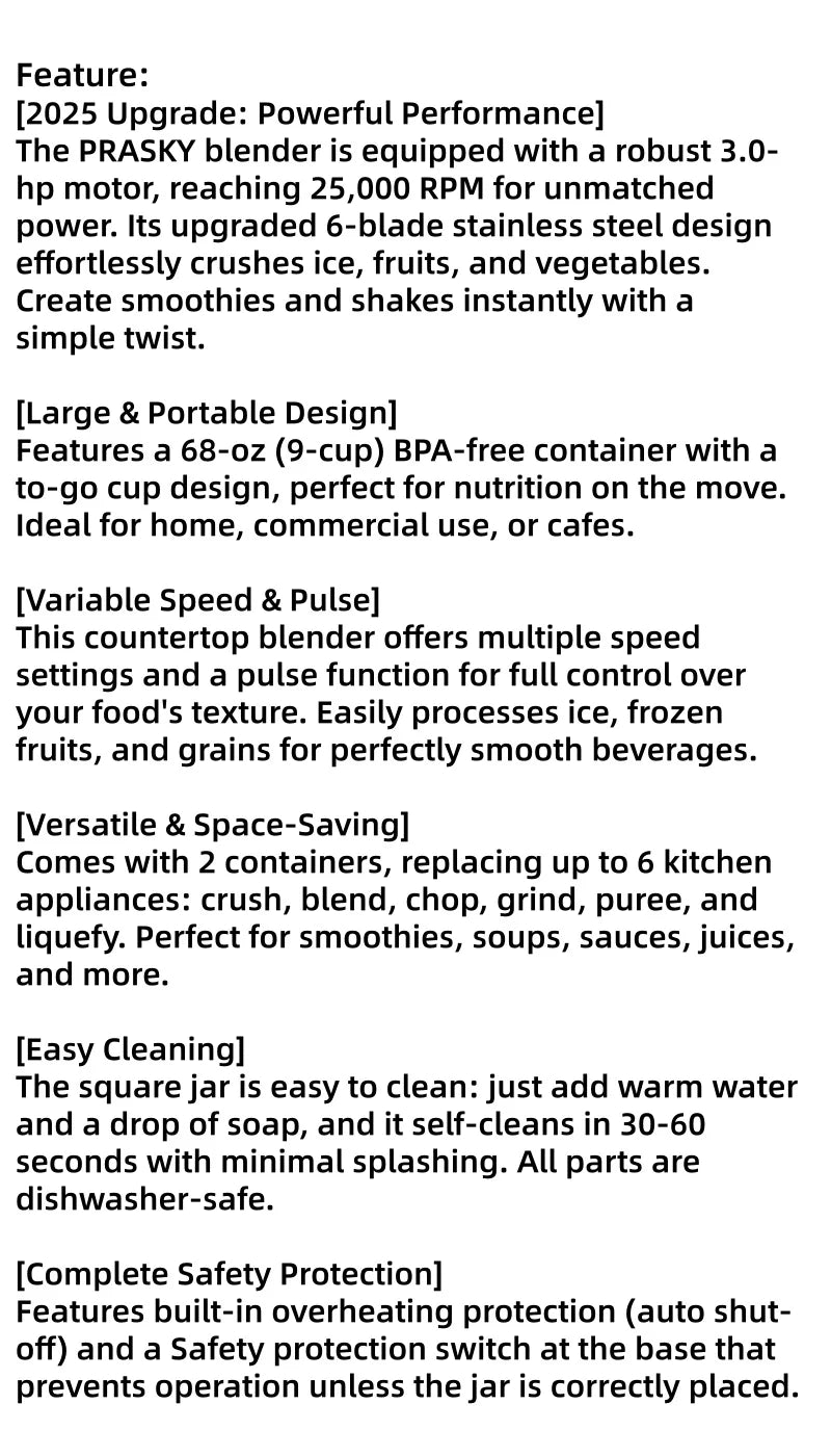 PRASKY 2400W Blender and Grinder Combo 25000RPM Powerful Kitchen 68oz BPA Free 2 Containers Professional  Blenders Ice Crushing