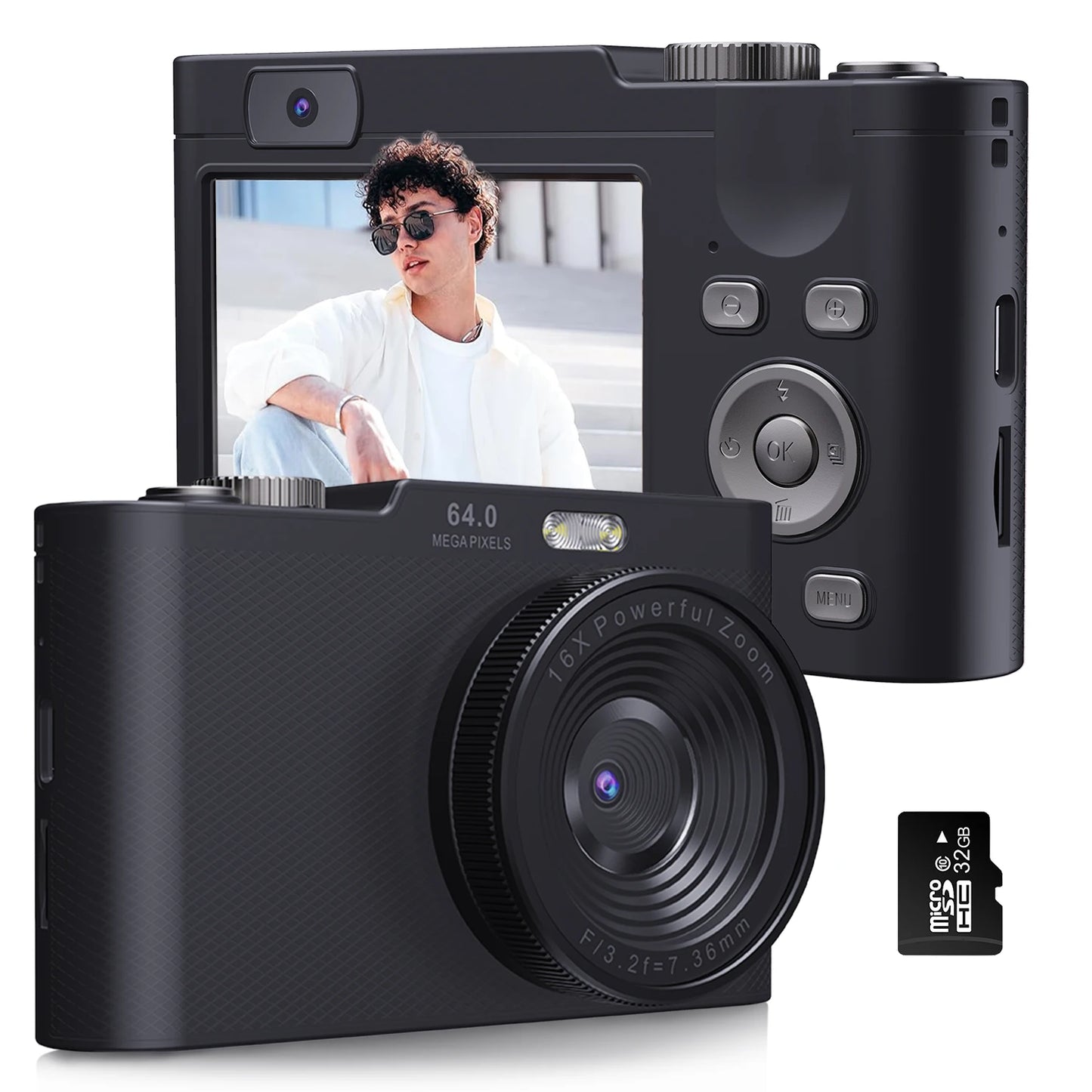 4K30FPS Digital Camera with Autofocus | 48MP Ultra-Compact Vlogging Camera for Photography | 16X Digital Zoom & Image Stabilization | Includes 32GB Micro SD Card & 2x 1200mAh Batteries | Perfect for Beginners