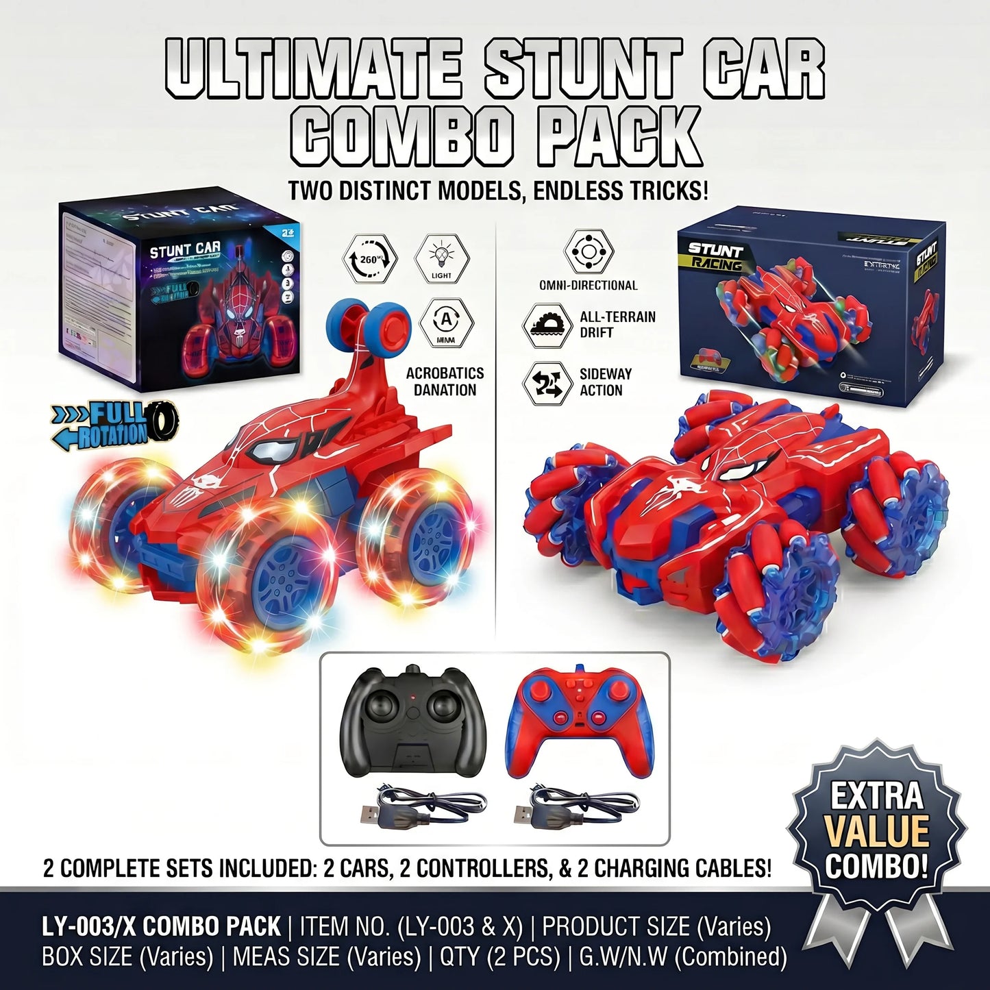 Dual 2Pcs Red Spider RC Stunt Car Bundle for Boys, Full Rotation Flip Light Up Stunt Car & Omni-Directional Drift Mecanum Wheel Remote Control Toy Cars, 2 Complete Sets With Controllers & USB Cables, Birthday Christmas Holida