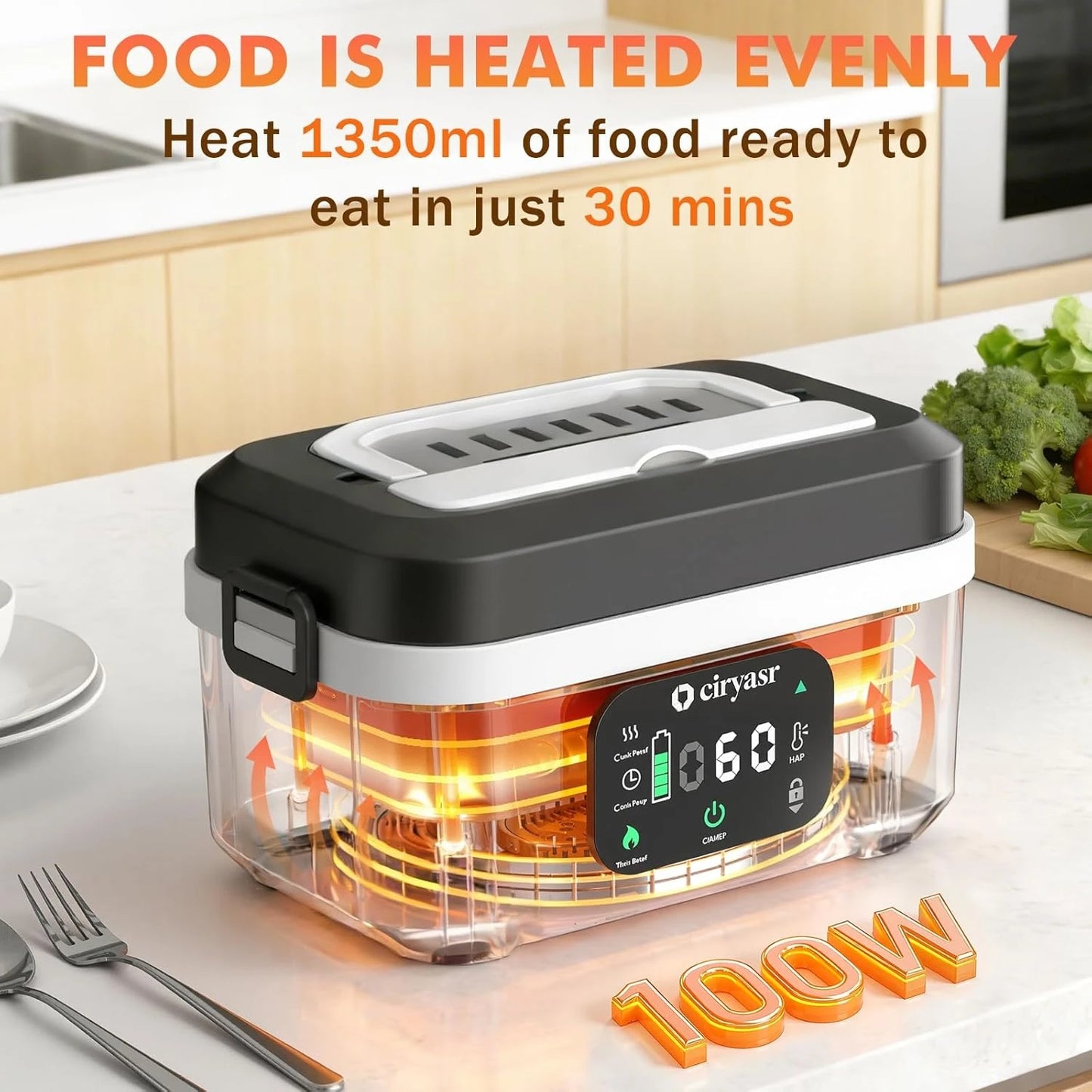 Powerful Electric Lunch Box, 1.35L 20000mAh Battery Powered Heated Lunch Box, Fast Heating&Long Lasting, Food Warmer with Stainless Steel Tableware and Insulated Bag for Car Office Camping Picnic