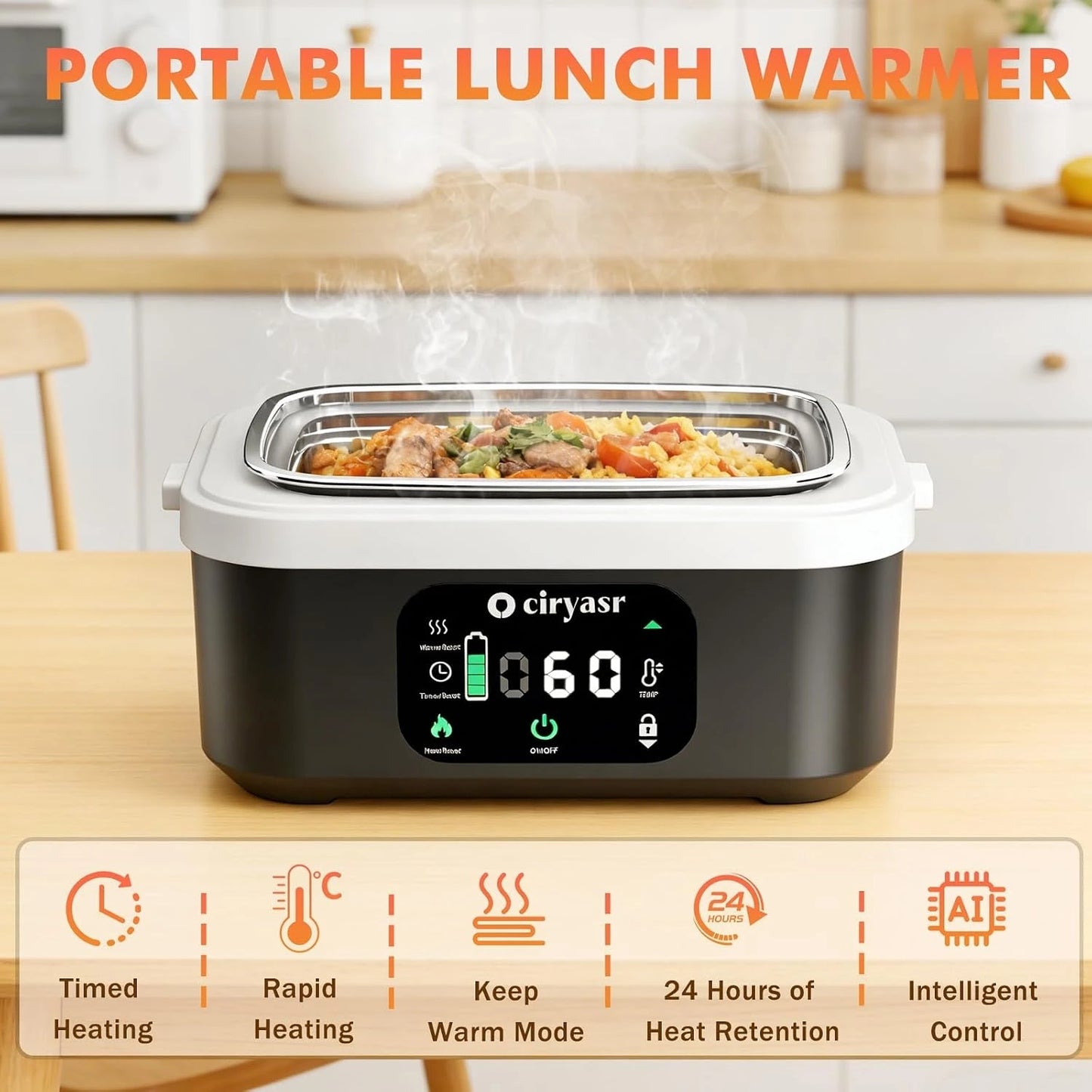 Powerful Electric Lunch Box, 1.35L 20000mAh Battery Powered Heated Lunch Box, Fast Heating&Long Lasting, Food Warmer with Stainless Steel Tableware and Insulated Bag for Car Office Camping Picnic