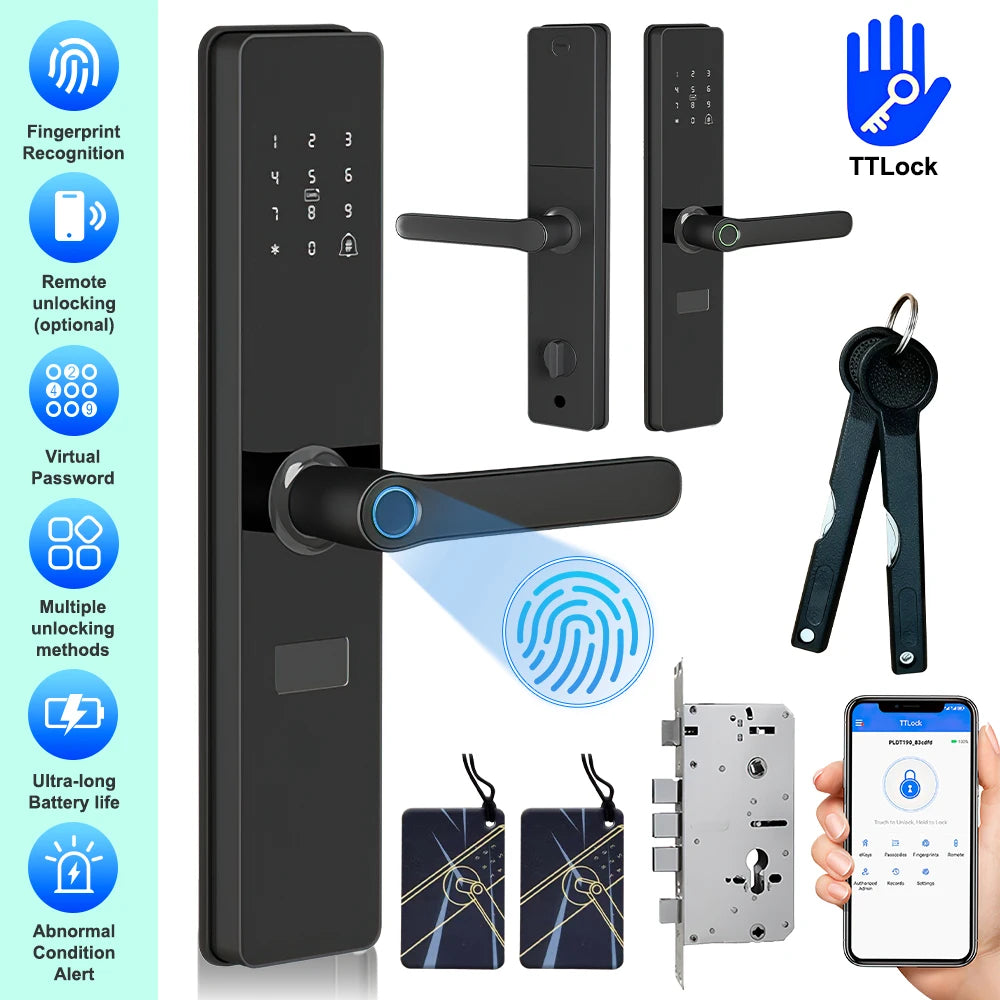 Smart Fingerprint Door Handle Lock TTLock App Bluetooth Keyless Lock Anti-peep Virtual Password IC Card Key Access Smart Lock for Apartment Front Door