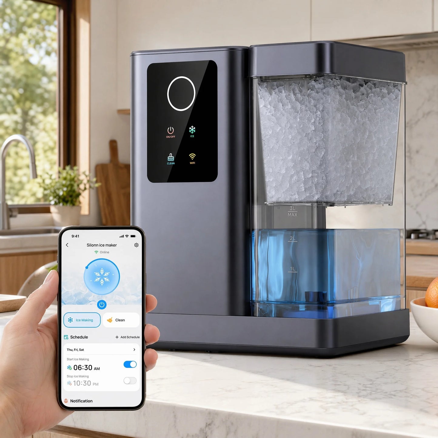 Nugget Ice Maker Countertop with APP & Voice Control, Self Cleaning Ice Machine with 3L Large Water Tank, 40 Lbs/24H Soft Chewable Ice, Portable Pebble Ice Maker for Home, Kitchen and Party