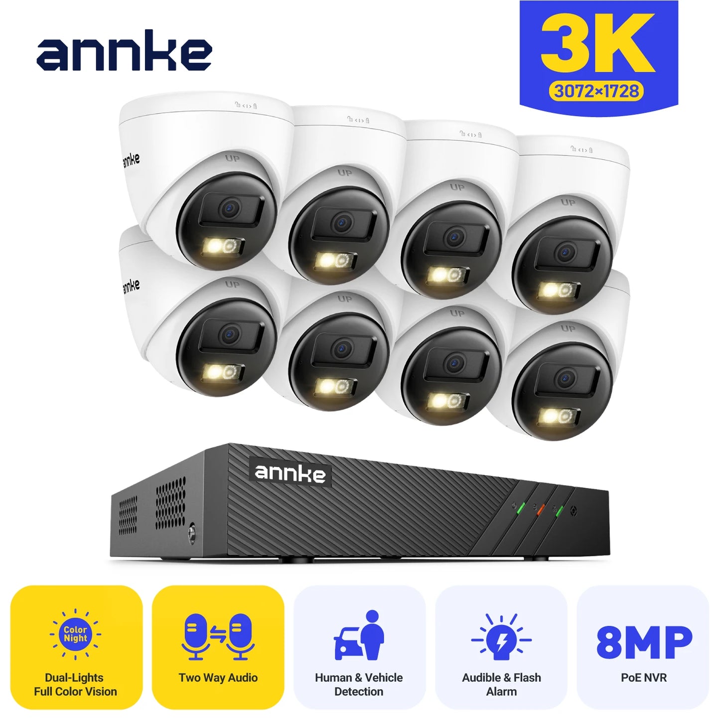 ANNKE 8Channel PoE Network Wired Surveillance System Kit with 3K 5MP Dual‑Light IP Cameras Smart Human/Vehicle Detection Two‑Way Audio Intercom H.265+ White Light & Audio Alarms, IP67 Weatherproof – Plug‑and‑Play fo