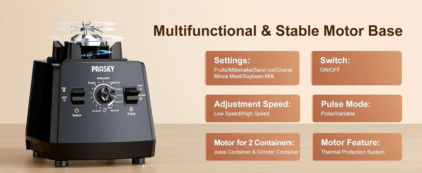 PRASKY 2400W Blender and Grinder Combo 25000RPM Powerful Kitchen 68oz BPA Free 2 Containers Professional  Blenders Ice Crushing