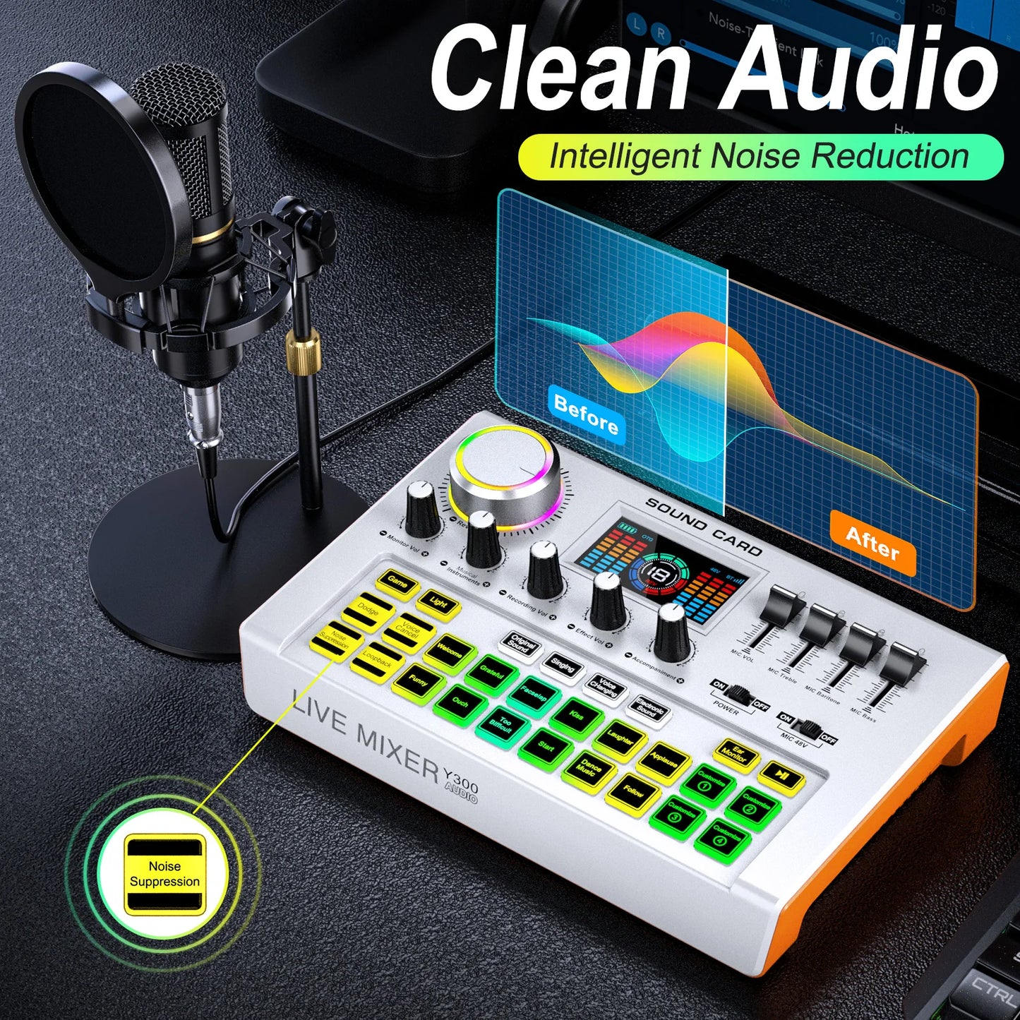 TENLAMP Y300 BM800 Podcast Microphone Bundle with Live Sound Card Audio Mixer Professional 3.5mm Condenser Mic for PC Smartphone Laptop Vlog Recording Live Streaming YouTube Karaoke Gaming Studio Setup
