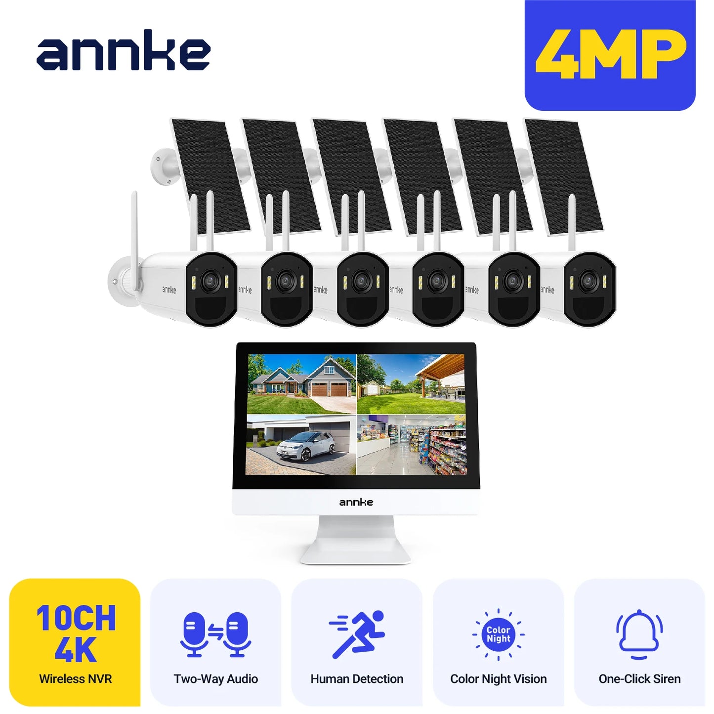 ANNKE 4MP Wireless Solar Security System with 12" All-in-One NVR Monitor , 10‑Channel, 2.4G/5.8G Dual‑Band WiFi, Two‑Way Audio, Smart Detection, IP65, Expandable (2/4/6/8/10 Cameras)