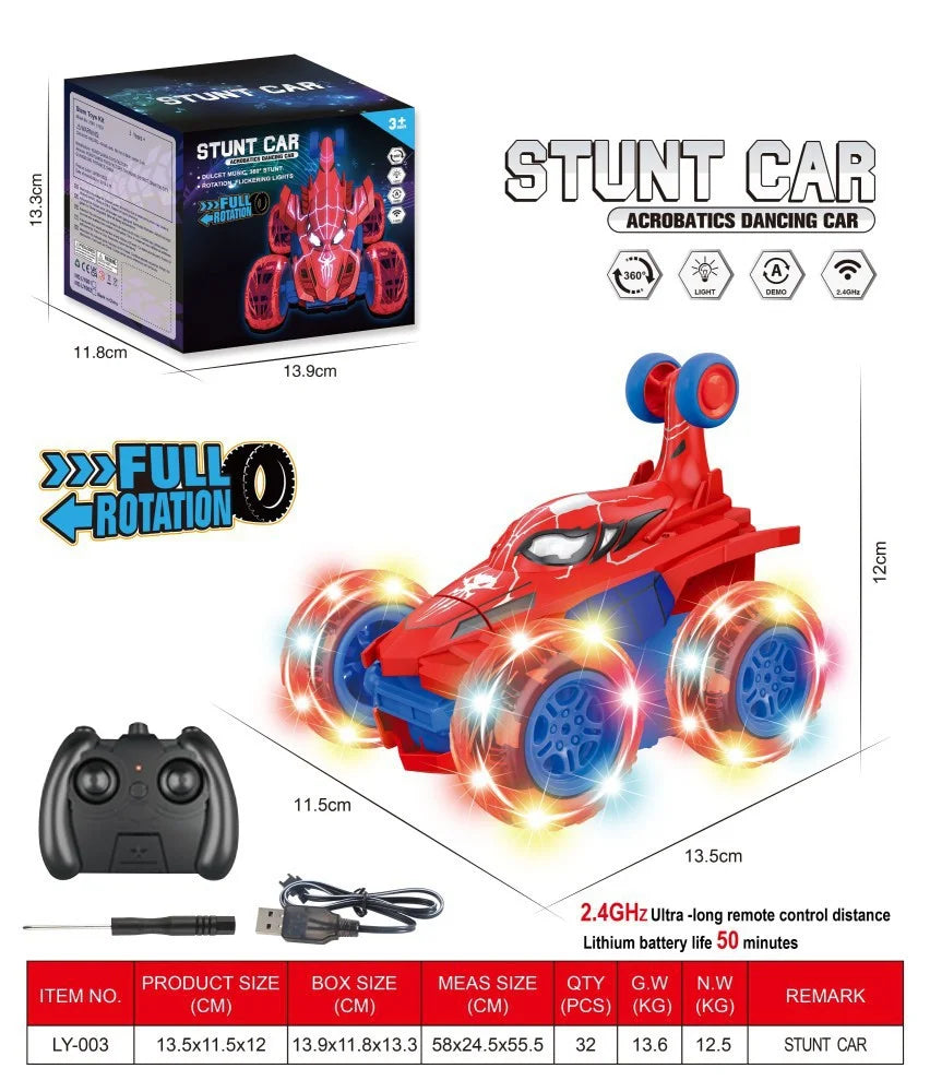 Dual 2Pcs Red Spider RC Stunt Car Bundle for Boys, Full Rotation Flip Light Up Stunt Car & Omni-Directional Drift Mecanum Wheel Remote Control Toy Cars, 2 Complete Sets With Controllers & USB Cables, Birthday Christmas Holida