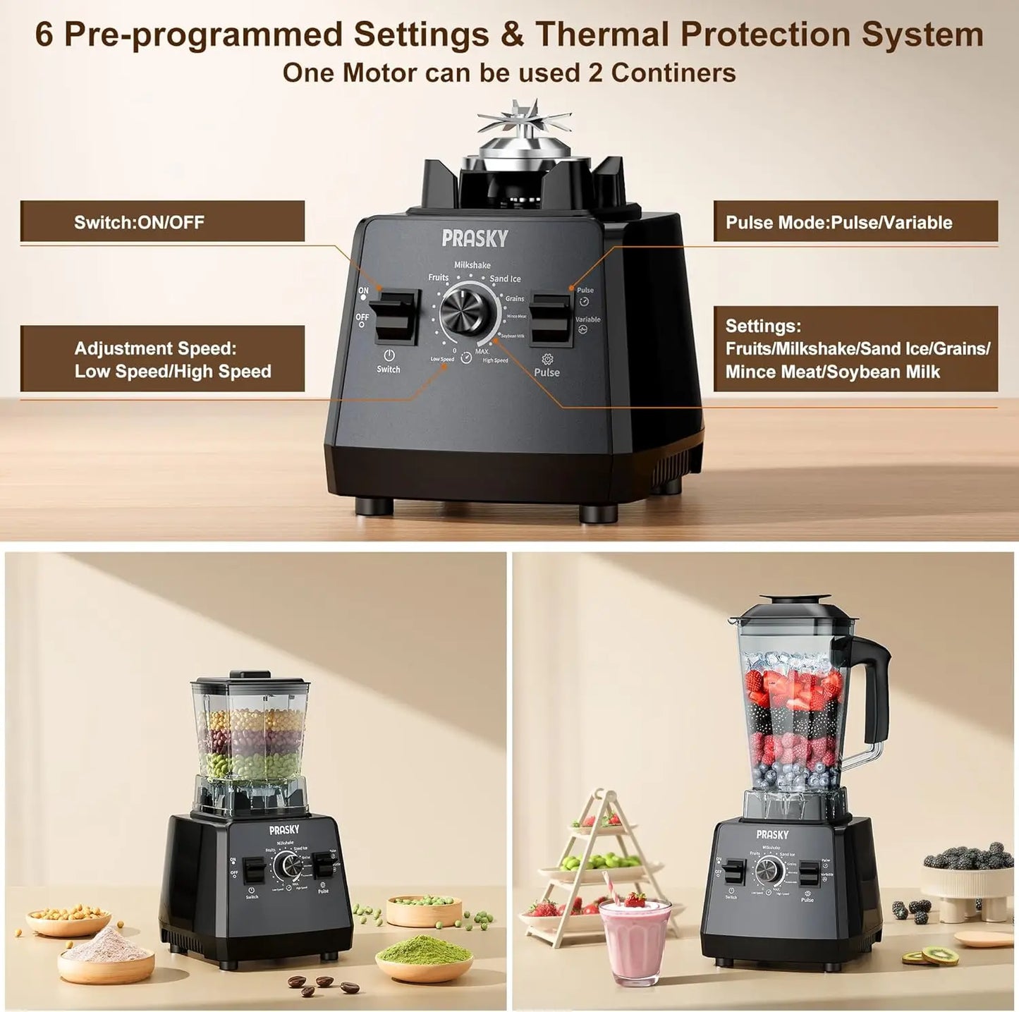PRASKY 2400W Blender and Grinder Combo 25000RPM Powerful Kitchen 68oz BPA Free 2 Containers Professional  Blenders Ice Crushing
