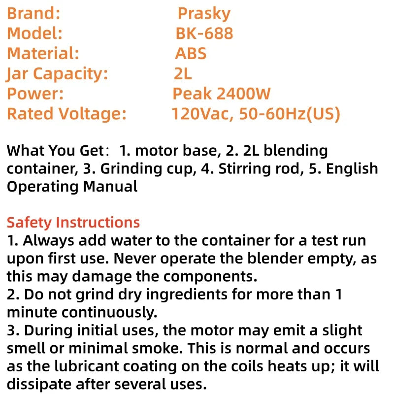 PRASKY 2400W Blender and Grinder Combo 25000RPM Powerful Kitchen 68oz BPA Free 2 Containers Professional  Blenders Ice Crushing