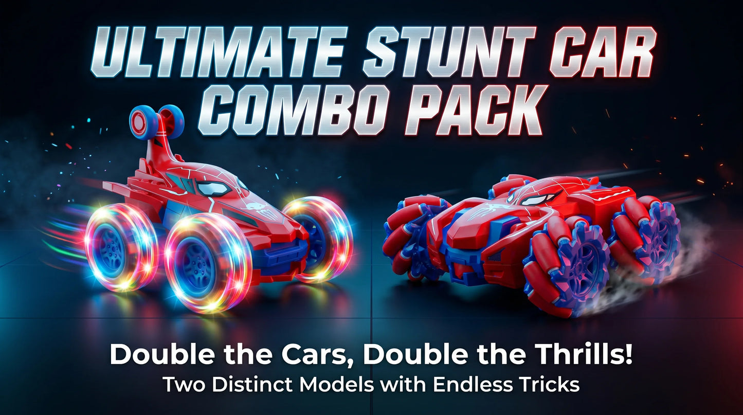 Dual 2Pcs Red Spider RC Stunt Car Bundle for Boys, Full Rotation Flip Light Up Stunt Car & Omni-Directional Drift Mecanum Wheel Remote Control Toy Cars, 2 Complete Sets With Controllers & USB Cables, Birthday Christmas Holida