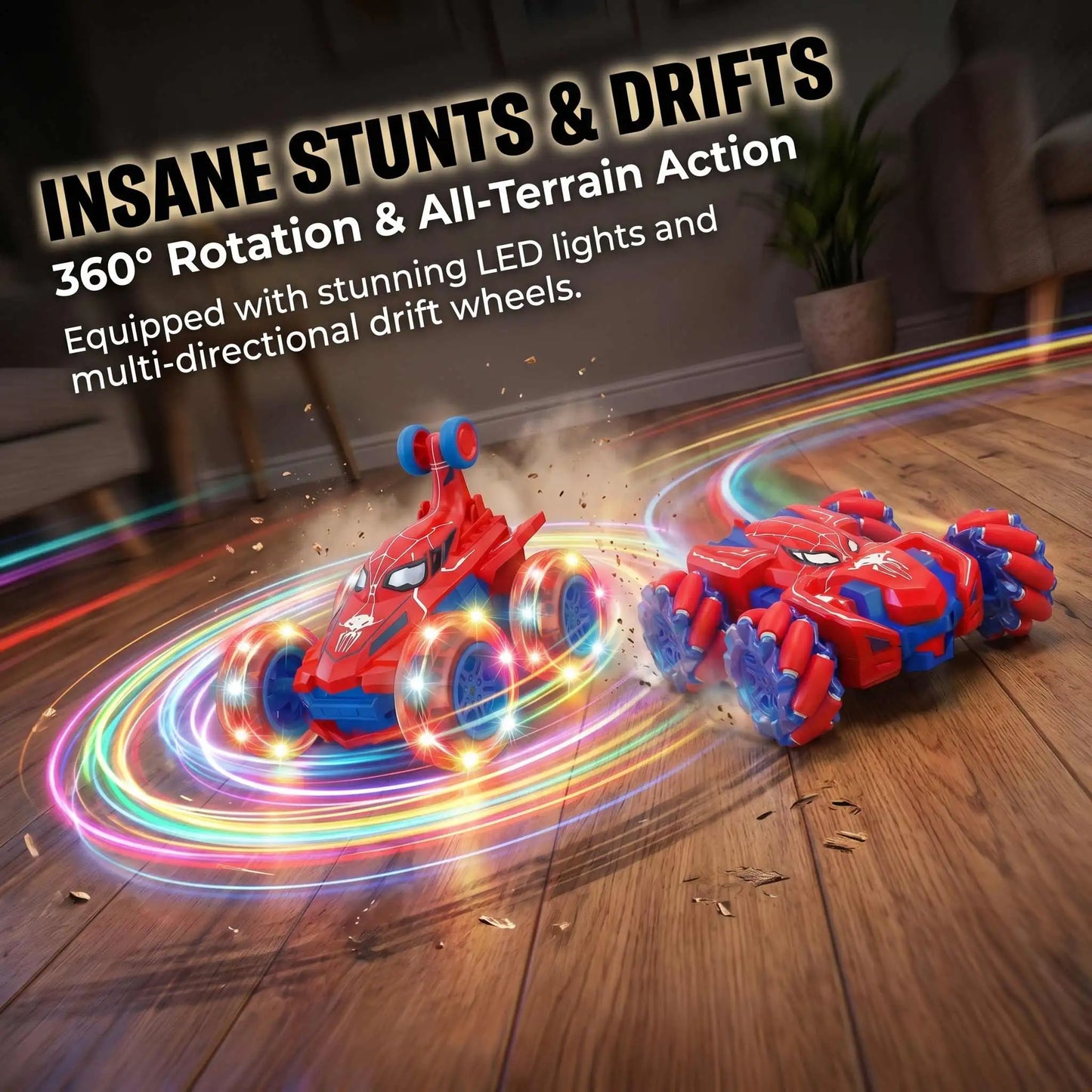 Dual 2Pcs Red Spider RC Stunt Car Bundle for Boys, Full Rotation Flip Light Up Stunt Car & Omni-Directional Drift Mecanum Wheel Remote Control Toy Cars, 2 Complete Sets With Controllers & USB Cables, Birthday Christmas Holida