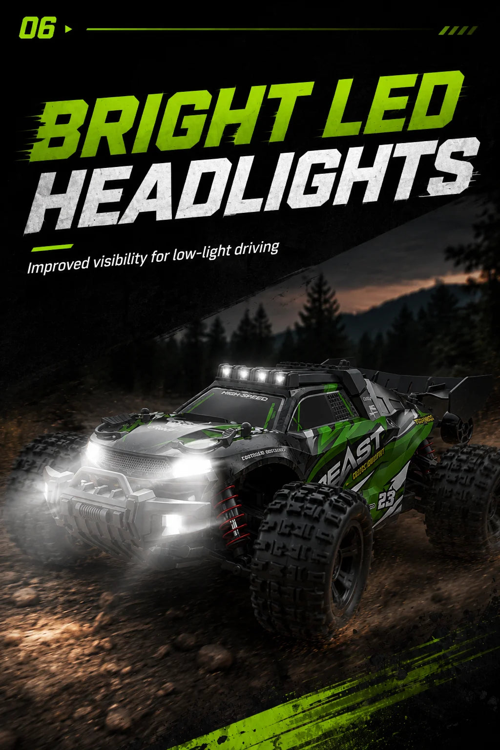 4WD Carbon Brush RC Off Road Car 35KM/H 2.4G Proportional Remote 80M Range Metal Differential Aluminum Alloy Chassis LED Headlight