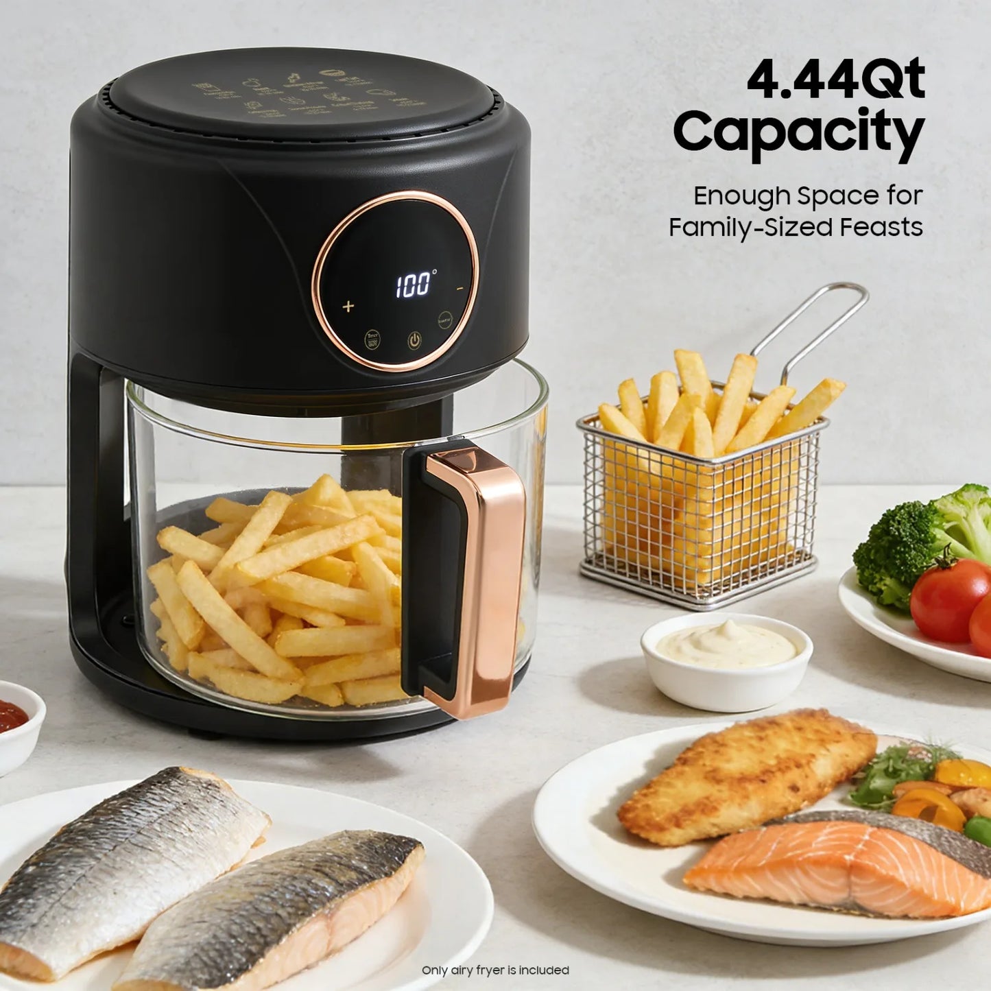 NEWEST 3.81Qt Airy Fryer 1200W Glass Air Fryer 360° Viewable Digital Airfryer Dehydrator Adjustable Temp 176℉ - 392℉ Nonstick 8 Presets Fast & Crispy Cooking Dishwasher Safe (Black)