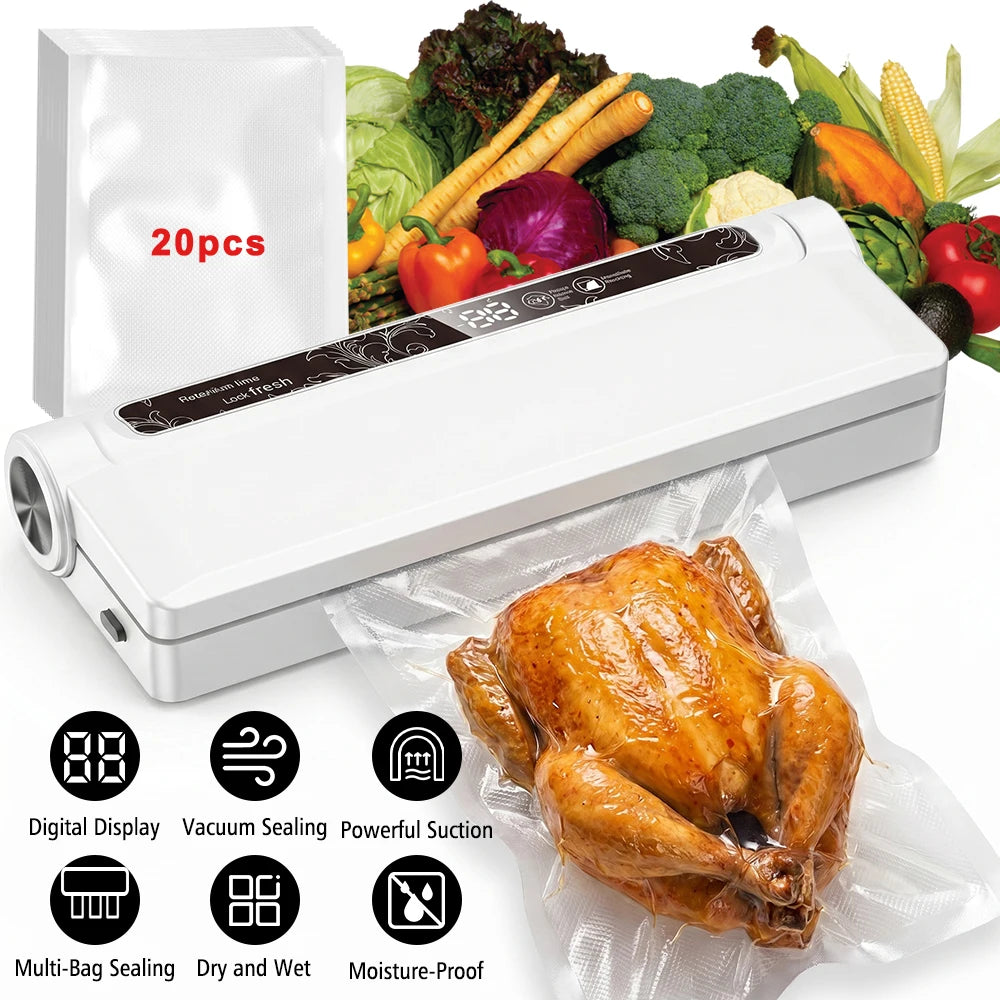 90W High Power Vacuum Sealer 62KPA Strong Suction Digital Countdown Dry & Wet Food Sealer Machine with 20pcs Bags for Home Refrigerator Sous Vide Cooking