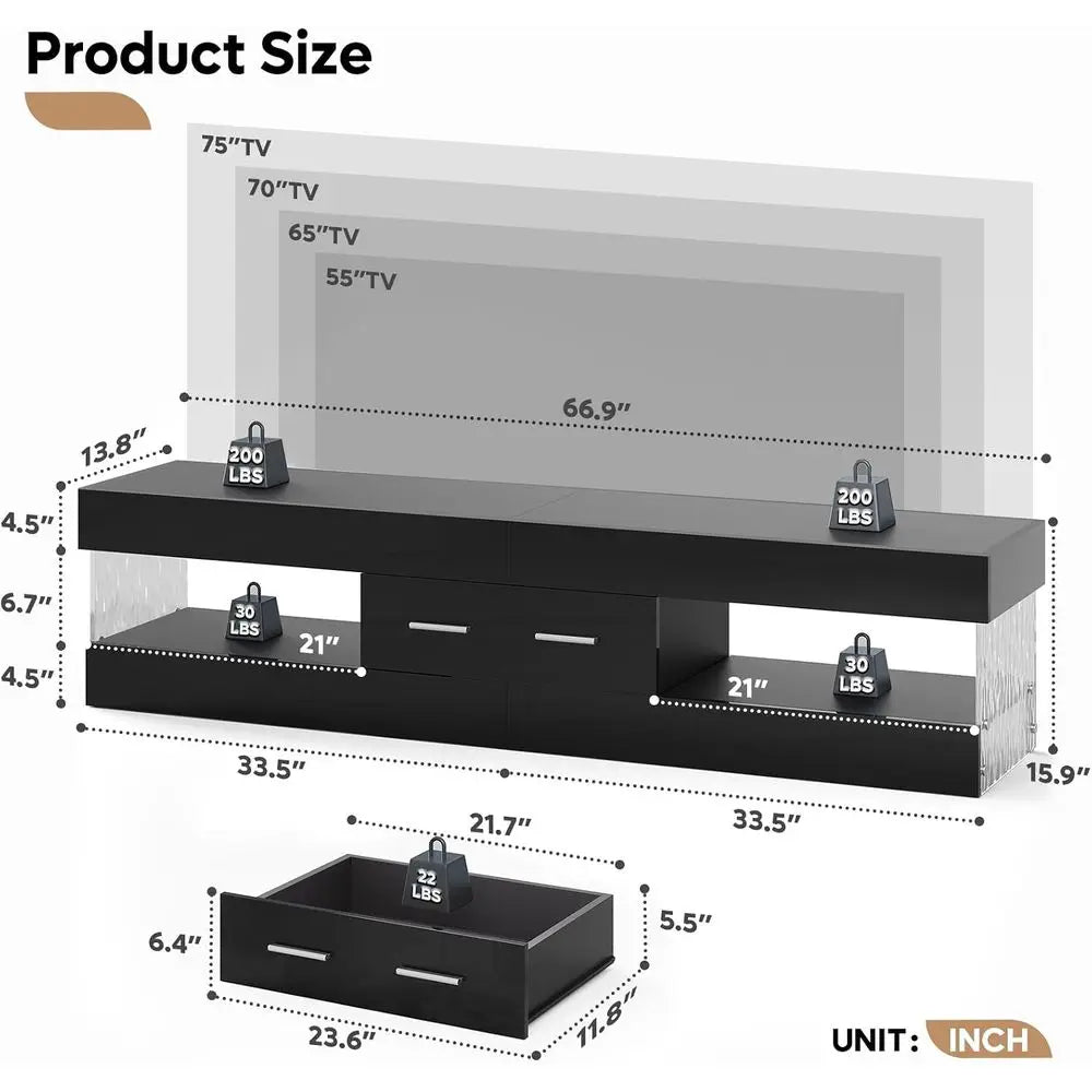 67" ern TV Stand or 75 Inch TV, LED Entertainment Center, Black | its up to 75 in TV, High Gloss with Stone Do, Storage Der & Sh