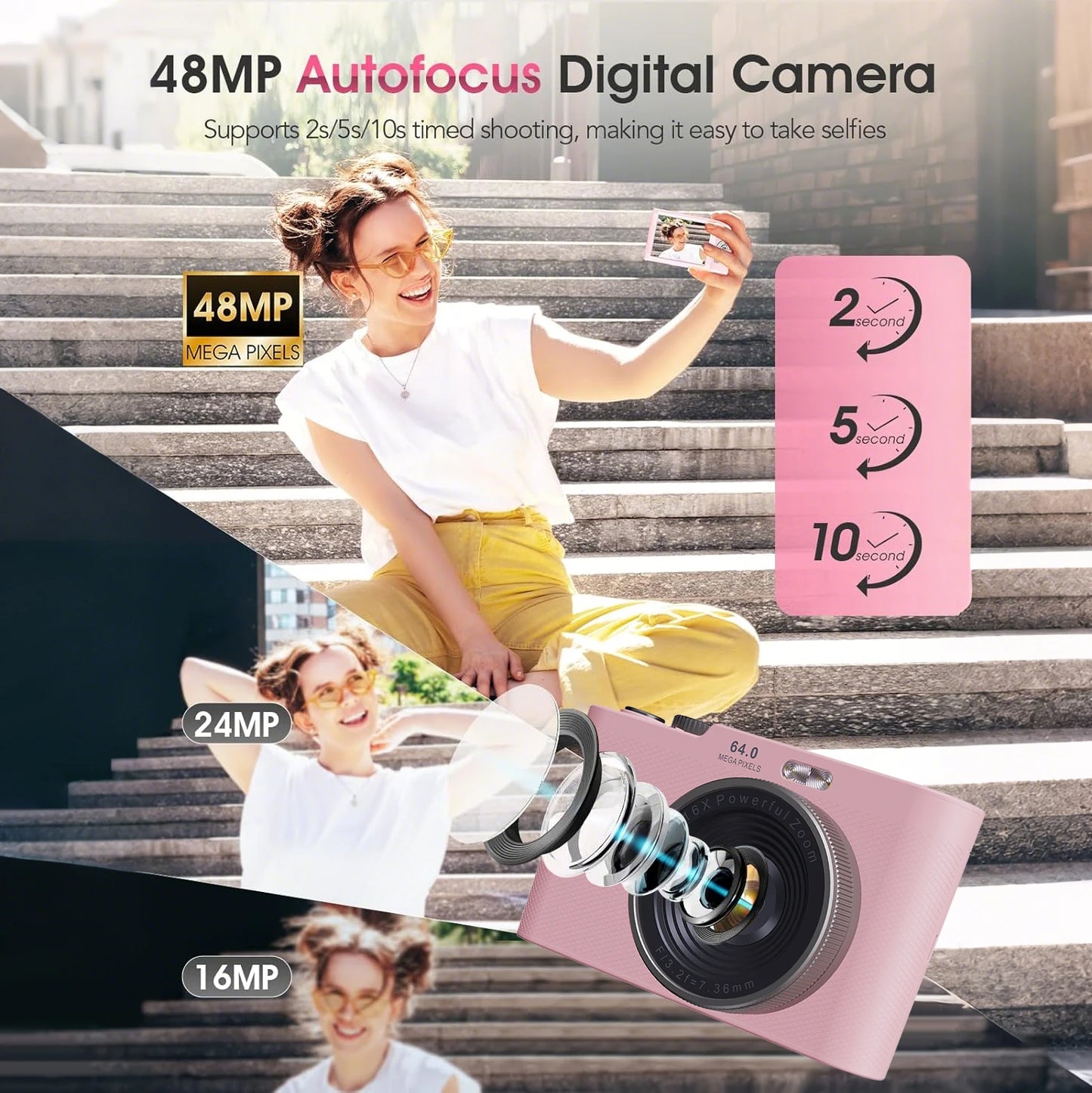 4K30FPS Digital Camera with Autofocus | 48MP Ultra-Compact Vlogging Camera for Photography | 16X Digital Zoom & Image Stabilization | Includes 32GB Micro SD Card & 2x 1200mAh Batteries | Perfect for Beginners