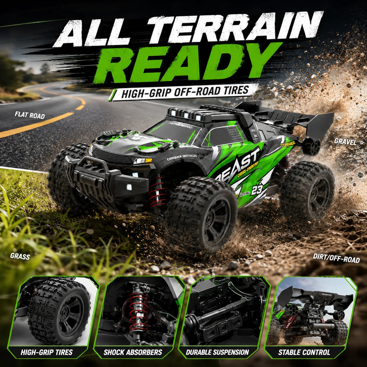 4WD Carbon Brush RC Off Road Car 35KM/H 2.4G Proportional Remote 80M Range Metal Differential Aluminum Alloy Chassis LED Headlight